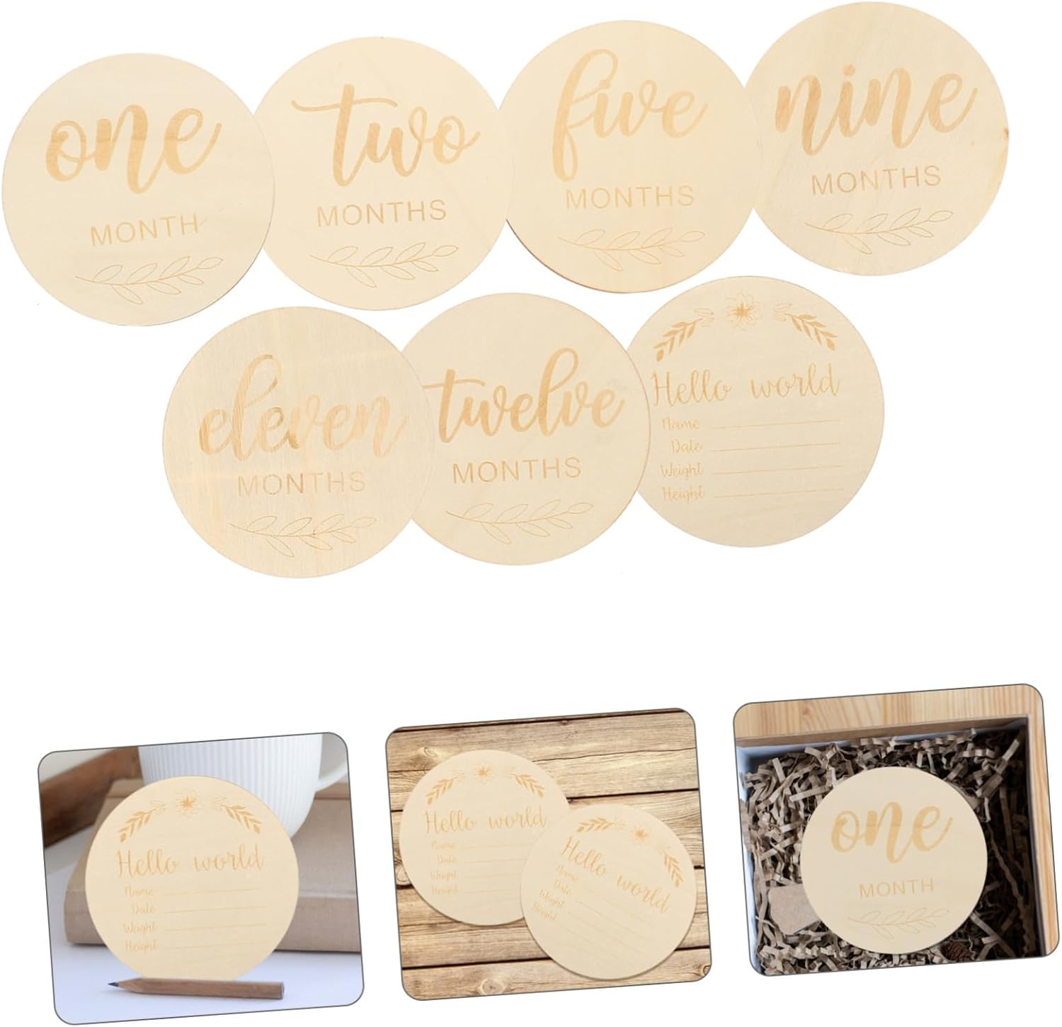 OHPHCALL 14Pcs Milestone Wooden Circles Newborn Shower Milestone Cards Monthly Discs for Photography Decor image number 6