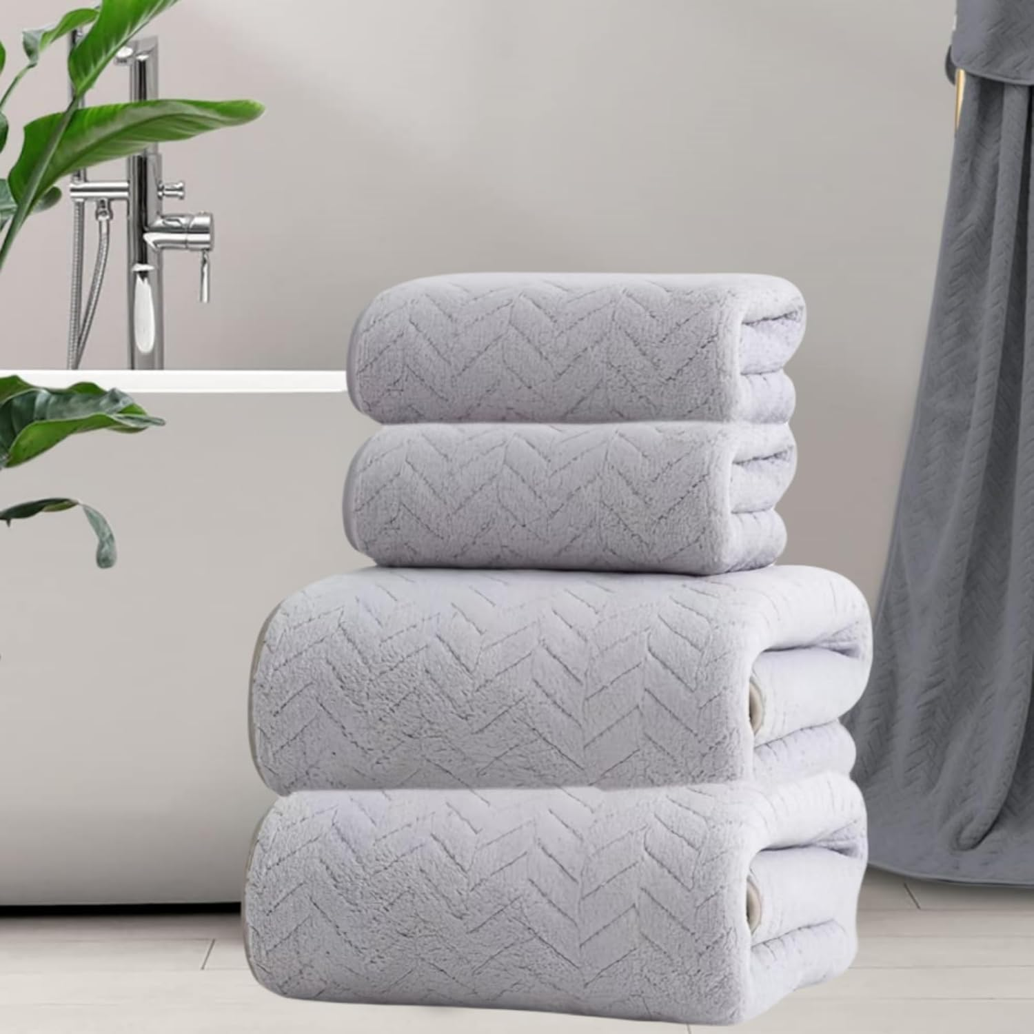 4 Pack Extra Large Bath Towels, Coral Velvet, Microfiber Ultra Super Soft Premium Absorbent, Machine Washable, Coral Velvet Wheat Stripe, Towel Sets for Home, Hotel and Spa, Gym Use, 35X75Cm+140X70Cm image number 5
