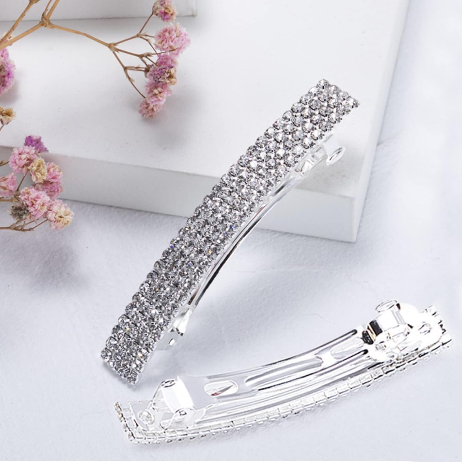 2 Pcs Rhinestone French Bridal Hair Clips Gorgeous Sparkle Rhinestone Hair Clips Ponytail Holder Side Clips Clips and Hair Clips image number 4