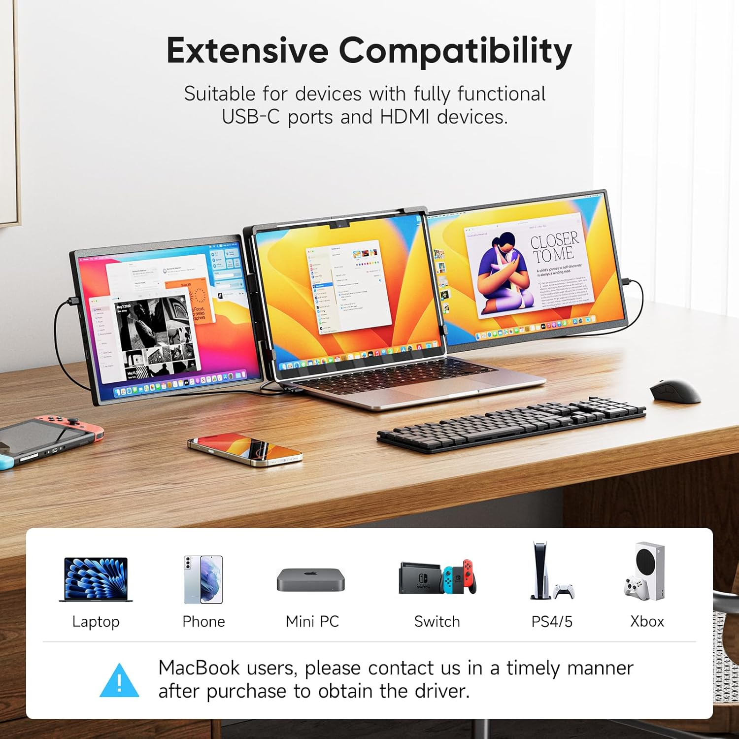 Laptop Screen Extender, 14" FHD 1200P IPS Triple Portable Monitor for Laptop, Screen Extender Monitors for 14"-17.3" Carry a USB Flash Drive，Plug & Play Compatible with Wins, Mac, Android image number 4