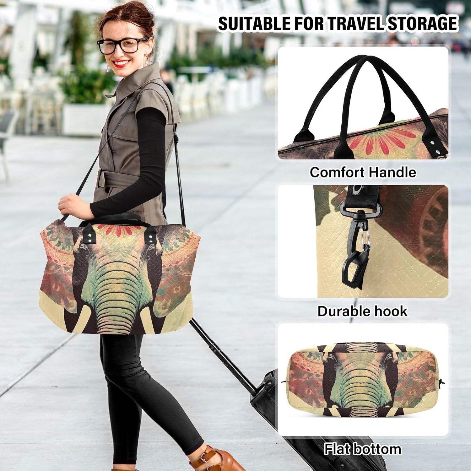 XYMZR Large Travel Duffel Bag, Boho Elephant Colorful Sports Tote Gym Bag, Shoulder Weekender Overnight Bag for Women Men, Carry on Luggage with Toiletry Bags, Multi-Colored, Multi-Colored image number 4