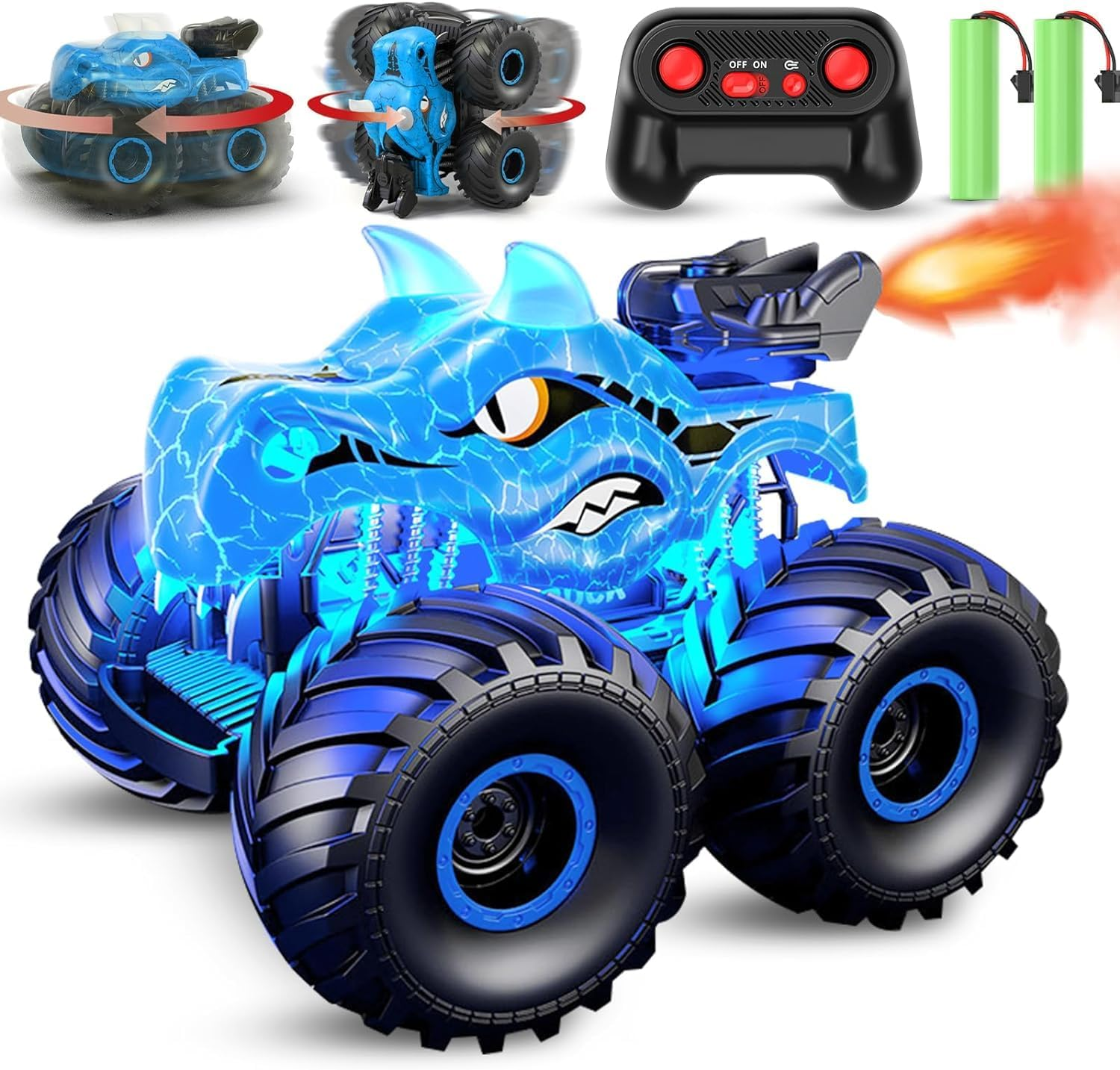 Remote Control Dinosaur Car, 2.4Ghz RC Monster Trucks for Boys with Spray, Light & Sound, All Terrain RC Cars with 2 Batteries, Dinosaur Toys for Kids 3 4 5 6 7 8, Christmas Birthday Gift (Blue) image number 2