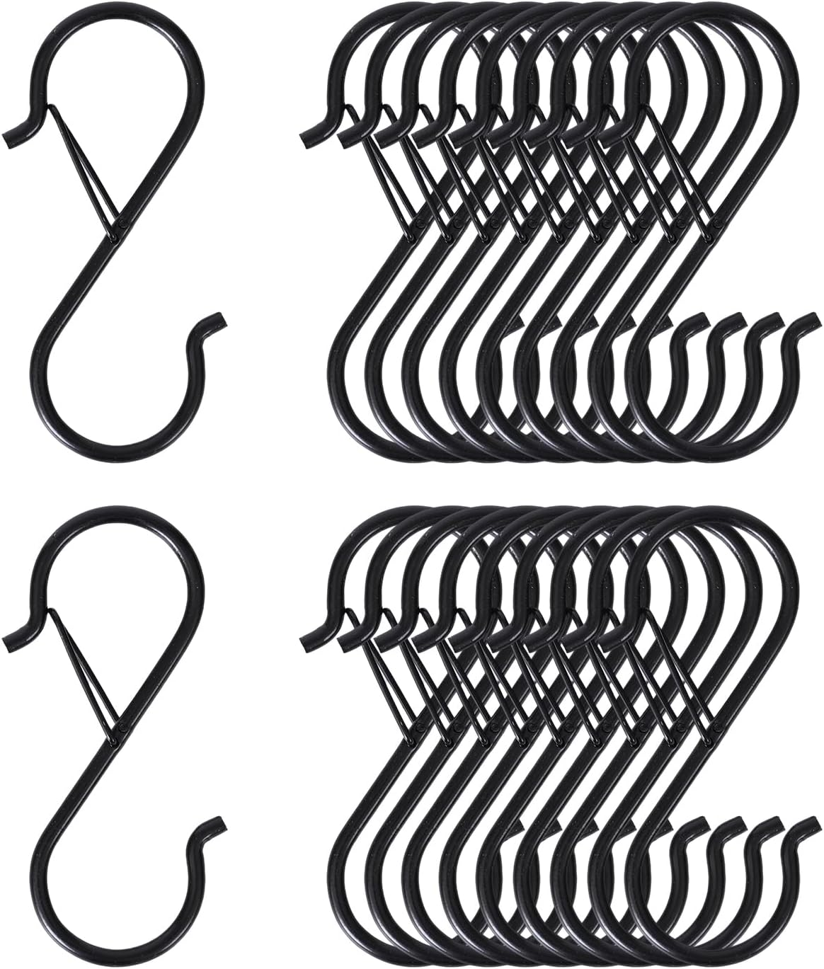 Mythosurge 10 Pack S Shaped Hooks,3.5 Inch Stainless Steel Heavy Duty S Hooks with Safety Buckle for Kitchen Utensil,Pans,Closet Rod,Bags,Purse,Clothes,Hooks for Hanging Pots (Black)