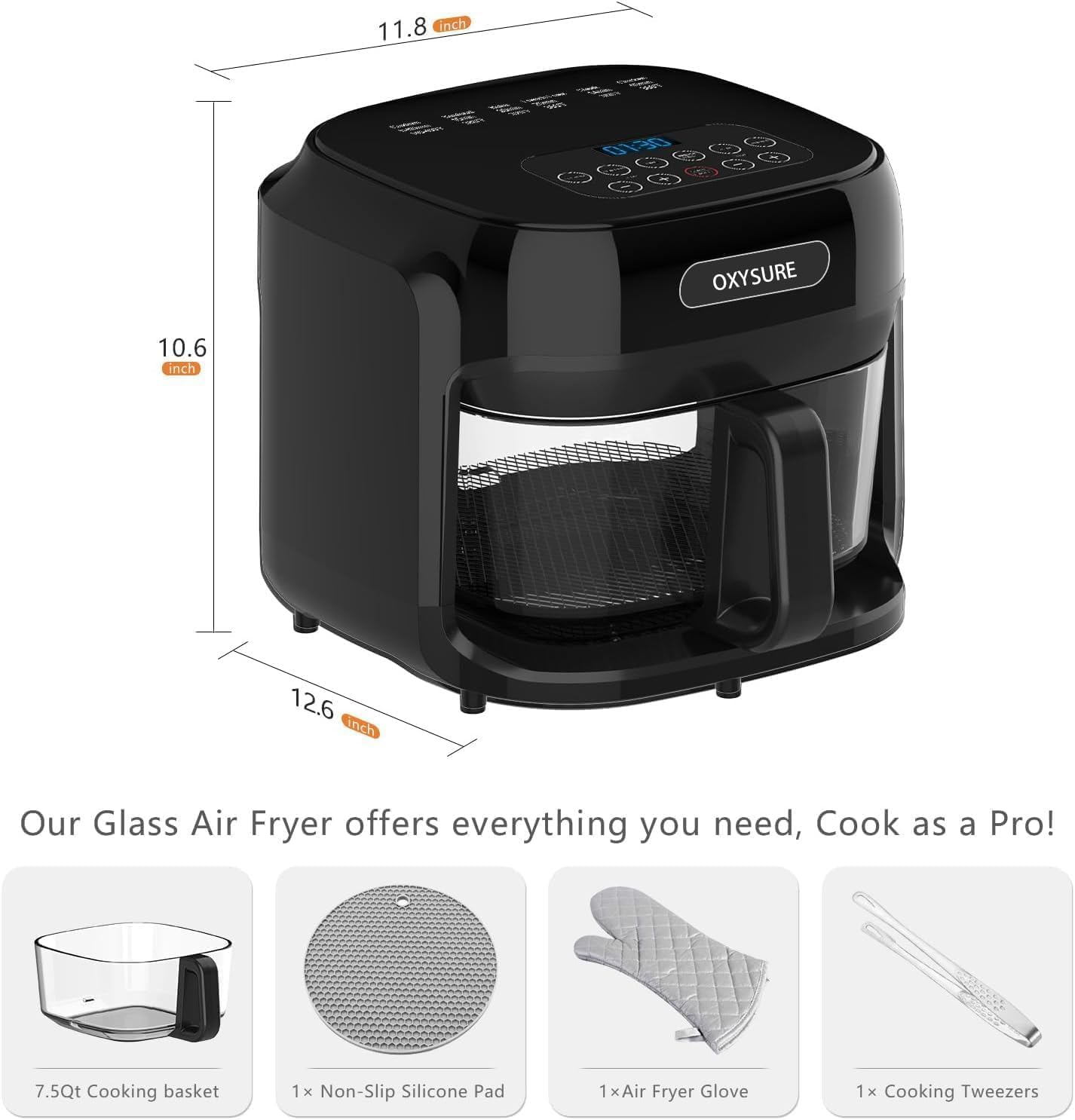 Glass Air Fryer, 7.5QT Glass, 360&deg; Even Heating & Dishwasher, Oil-Less Cooking Appliance for Small Kitchens & Family Meals