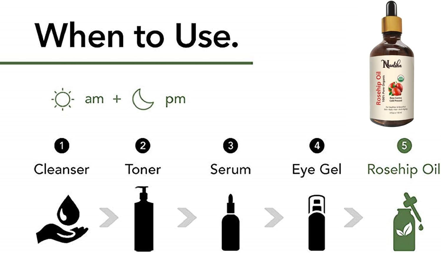 Nualoha Organic Rosehip Seed Oil, 118 ML, USDA 100% Pure Cold Pressed Natural Moisturizer Oil for Face Nails Hair Skin Women and Men image number 5