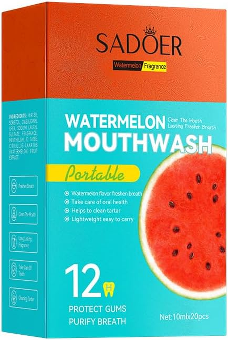 Portable Watermelon Mouthwash, 20 Pack, 10Ml Single-Use Portions, Fresh Breath Formula