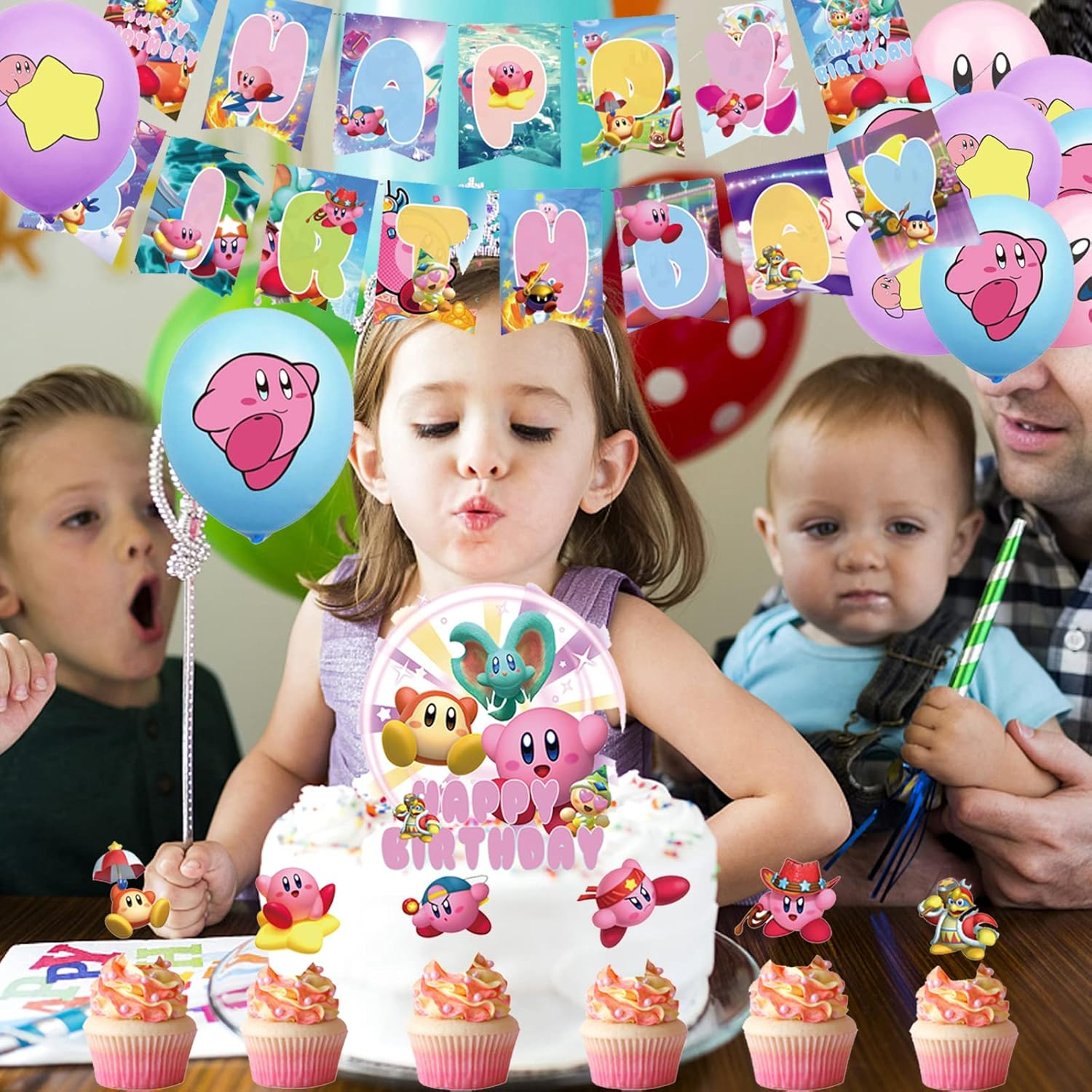 Kirby Children'S Birthday Decoration Pack: Kirby Balloons, Cake Toppers, Garland in Pink image number 2