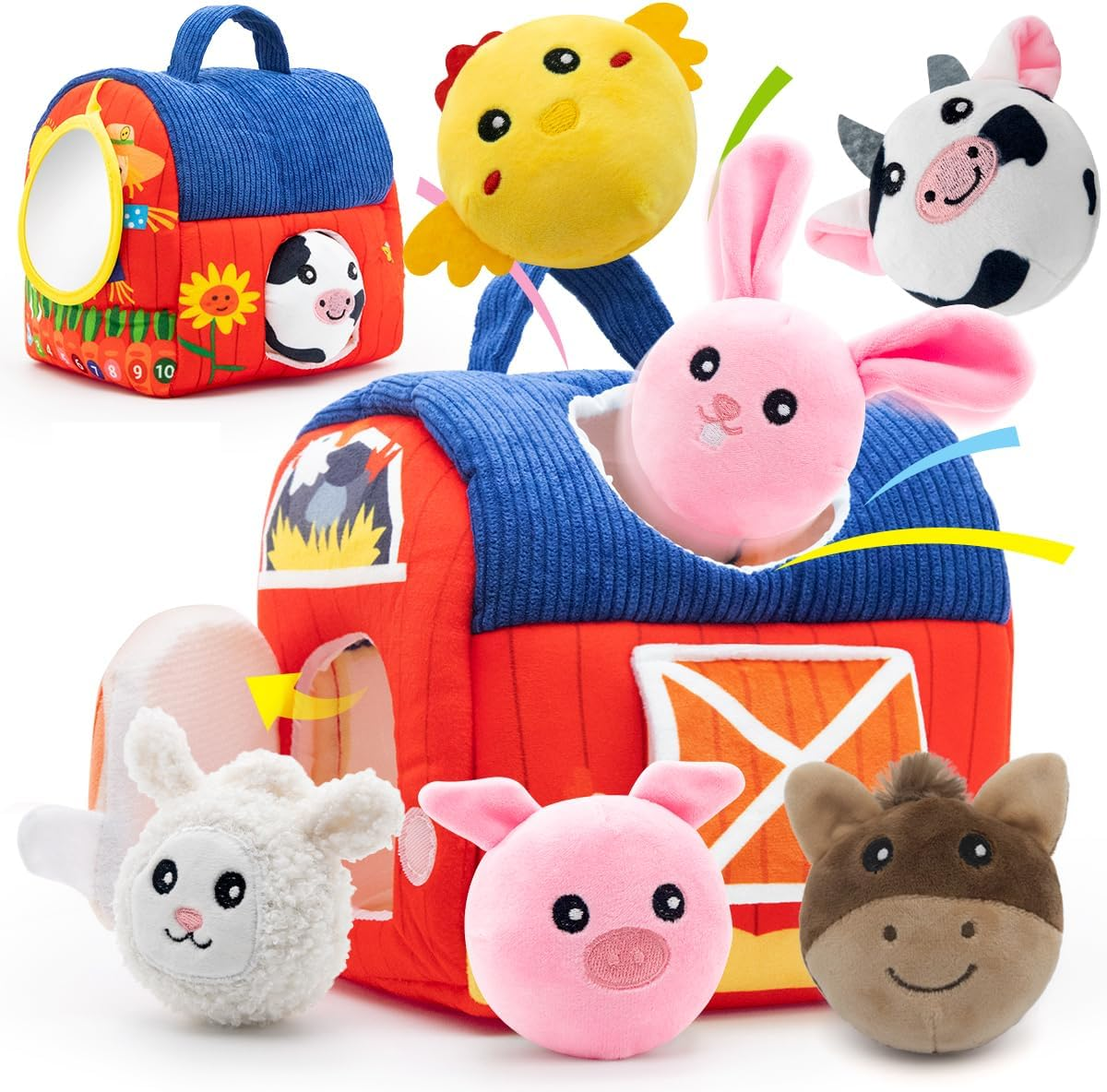 SPANKAR Baby Toys 6-12 Months,Soft Barn Toys with Stuffed Farm Animals,Rattle,Crinkle Paper, Squeaker, Mirror,Montessori Toys for Toddlers 1-3,Newborn Toy for Baby Boys Girls Birthday Gifts