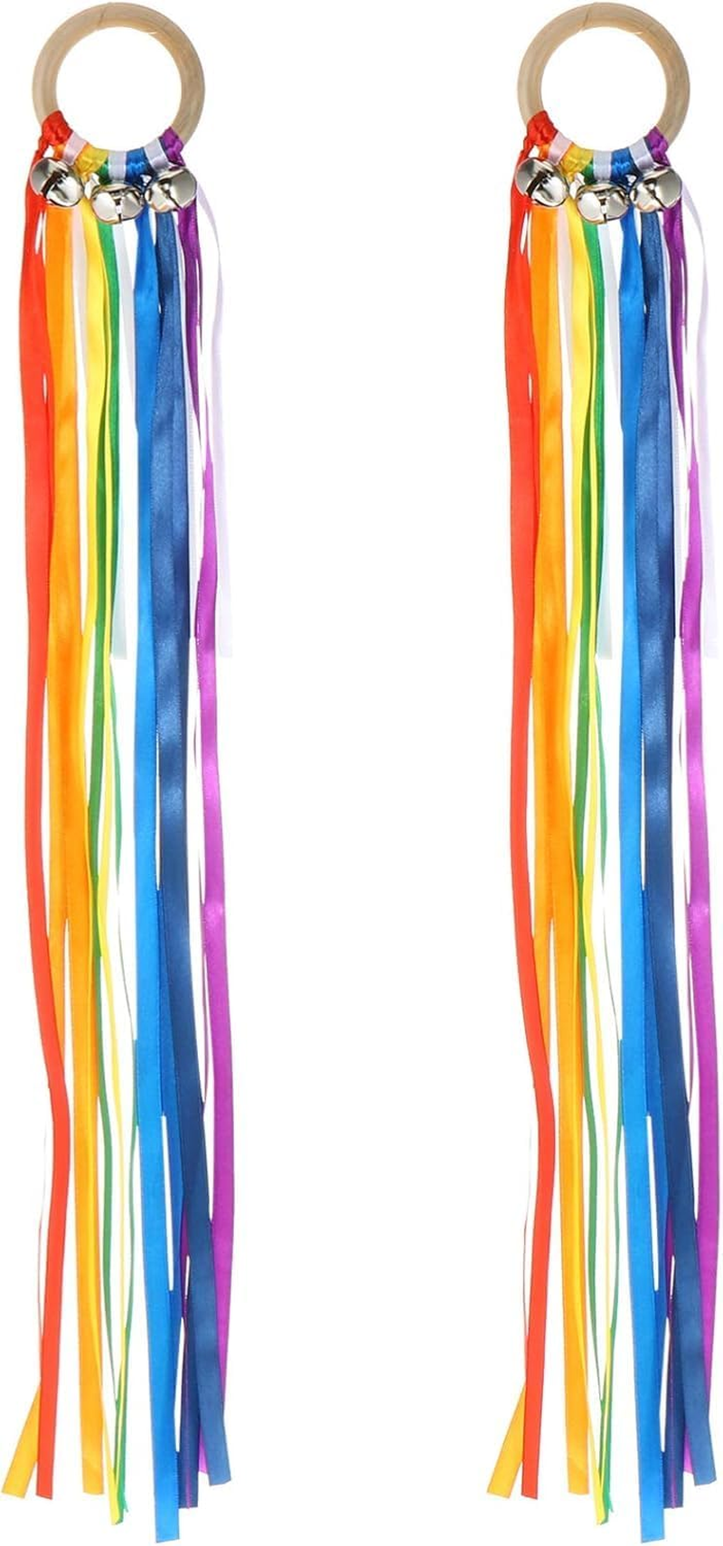 Wabmipe 2Pcs Bell Bracelet Rainbow Hand Ribbon Kite Toys, Ribbon Dancer Wand, Hand Kite Ribbon Runner, Ribbon Streamers Toy, Colourful Newborn Wooden Outdoor Toys image number 2