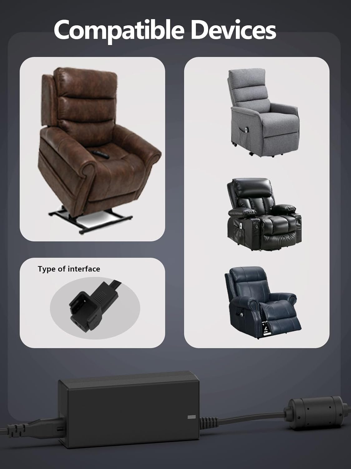 58W Replacement Power Supply 29V 2A Power Cable Electric Recliner Sofa Charger for Okin Limoss Sofa Chair Lift Recliner, Electric Relax Massage Seat with 6.6FT Extension Cable image number 5