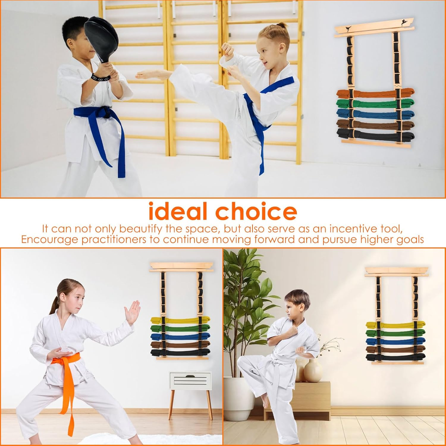 Fwqofvk 10 Tiers Wood Karate Belt Display Rack with Medal Hanger and Stickers, Easy Hanging Taekwondo Belt Display Holder for Kids and Adults image number 6