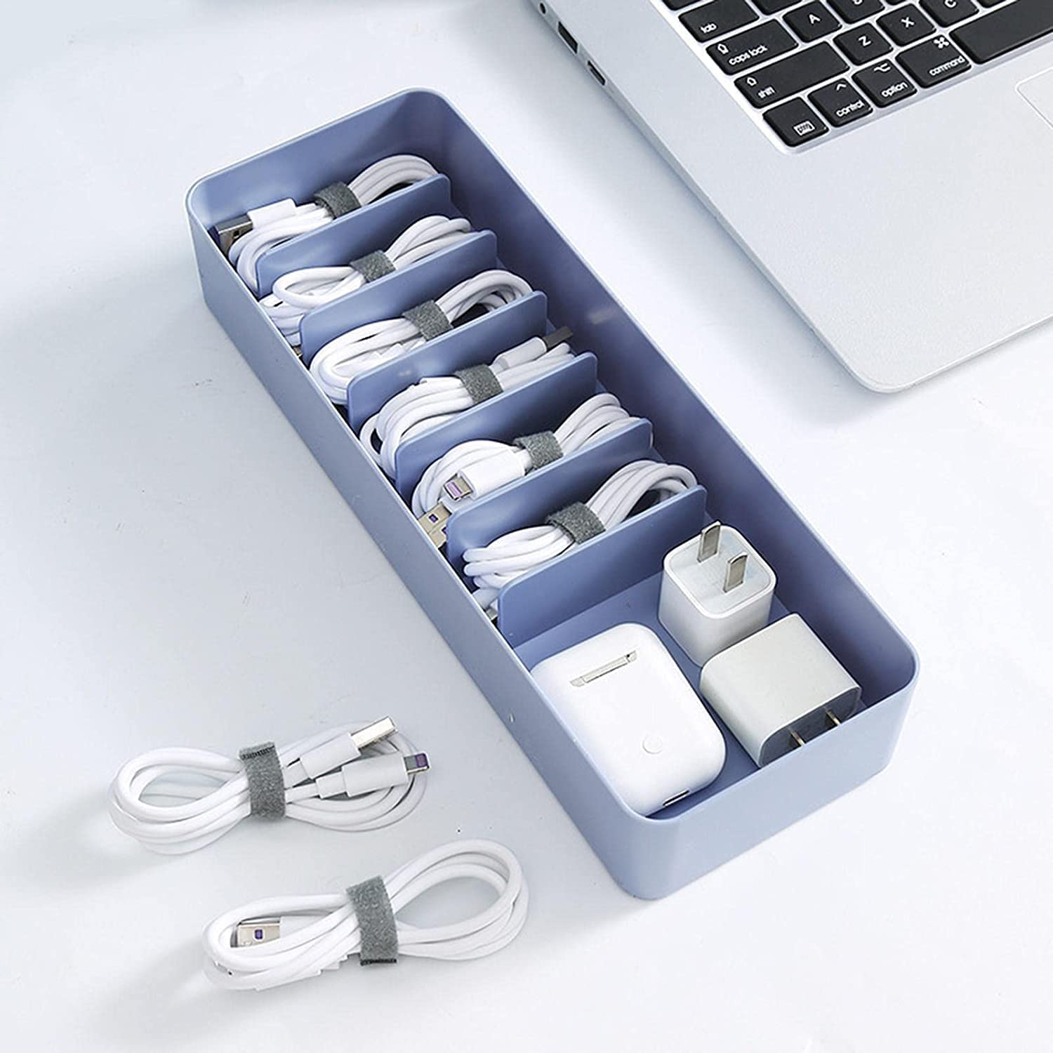 Cable Storage Box, Power Cord Organizer, Cable Management Case, USB Cord Sorter with Lid & 7 Compartments 10 Wire Ties Desk Accessories Storage for Office Stationery Supplies, Makeup Box (Blue) image number 2