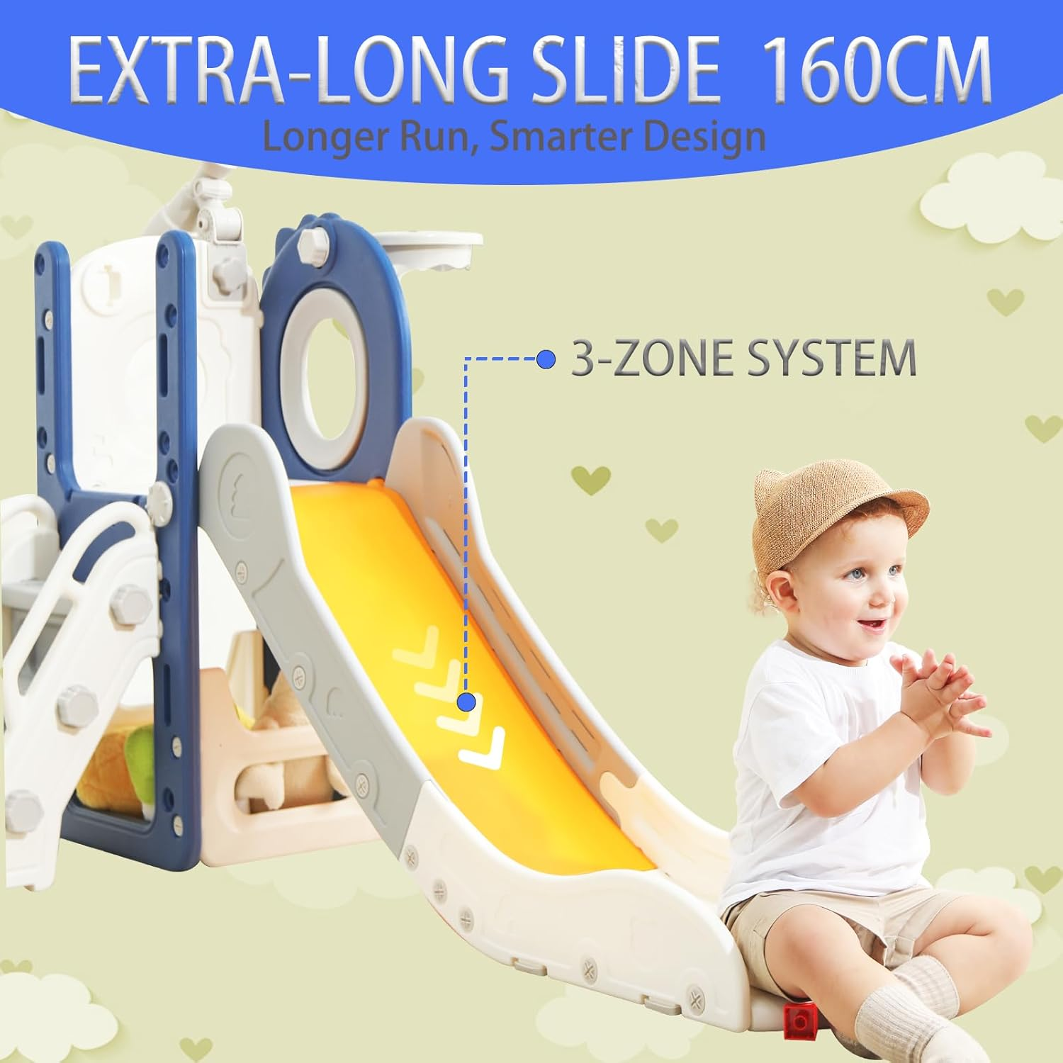 Kids Slide Set Toddler Slide Playset Dinosaur Bus-Themed Includes Toy Telescope Tunnel Storage Basketball Hoop & Ball Extra Long Slides for Kids Indoor Outdoor Playground (Yellow-8In1) image number 3