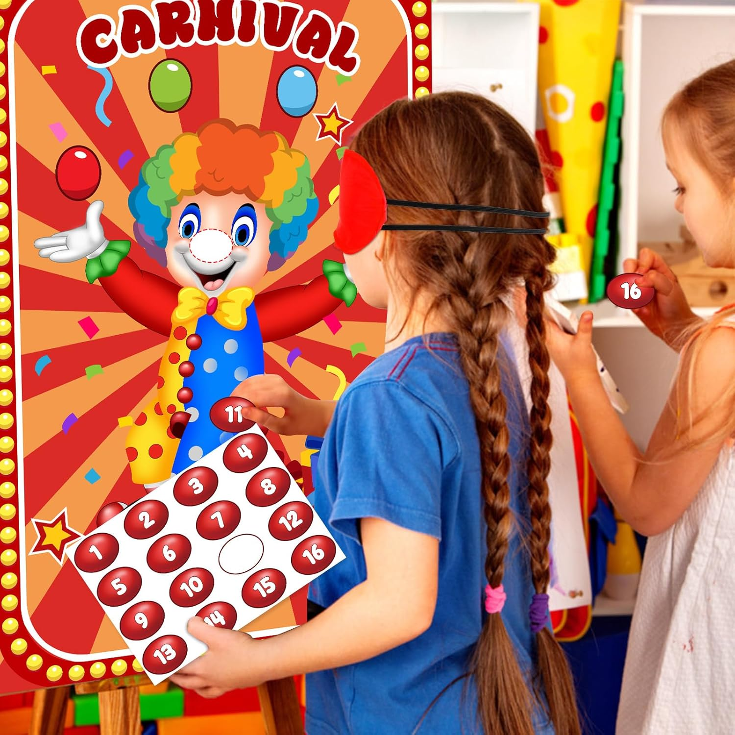 Hxezoc Pin the Noses on the Clown Carnival Game Set, Circus Theme Party Game for Kids, Includes 29X19 Inch Poster, Blindfold, 32 Nose Stickers & Adhesive image number 1