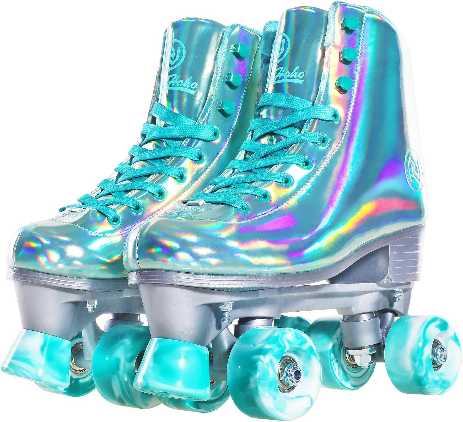 Jajahoho Roller Skates for Women, Mint Green Holographic High Top Faux Leather Rollerskates, Shiny Double-Row Four Wheels Quad Skates for Girls and Age 8-50 Indoor Outdoor image number 1