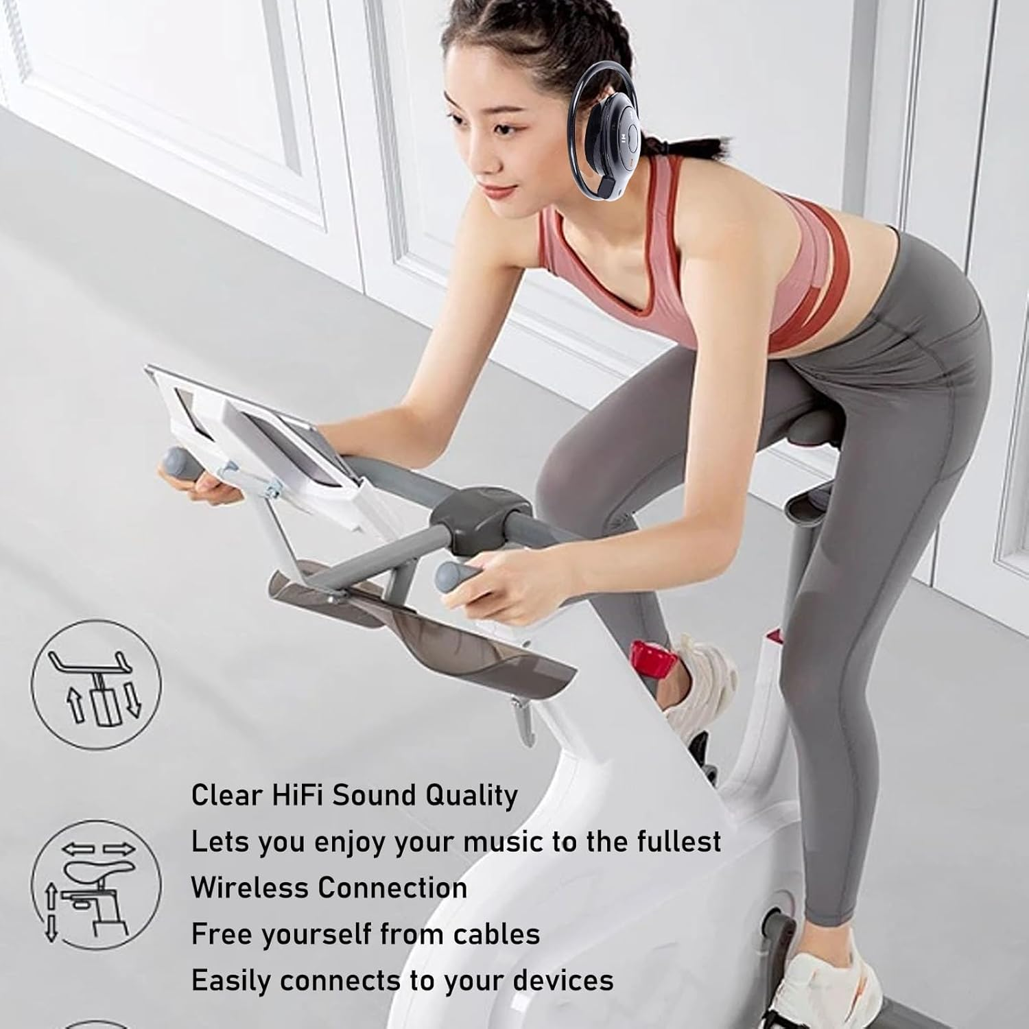 Plyisty over Ear Headphones Wireless Headset with Microphone Foldable Stereo Hifi Sound Black Running image number 5