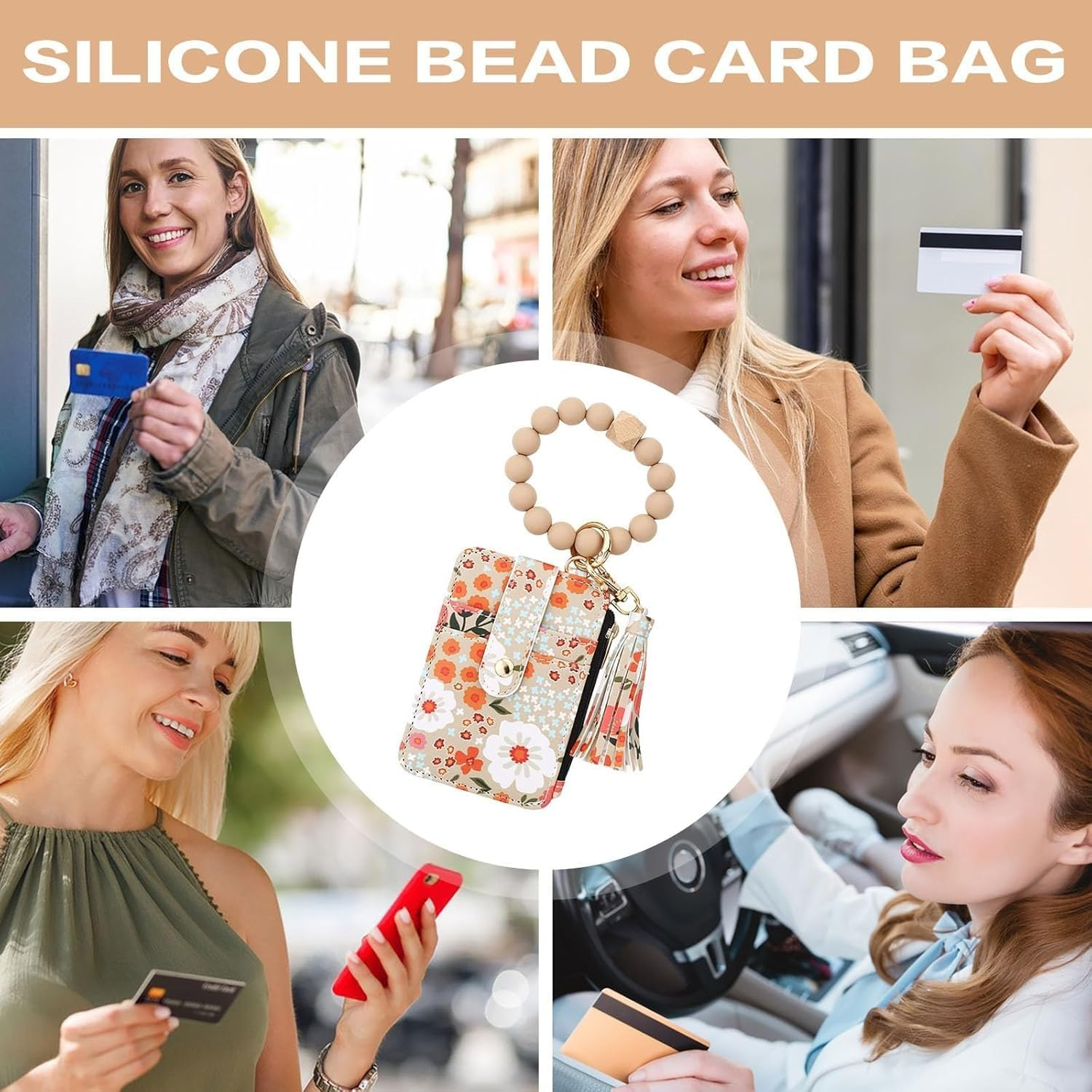 Bohemian Style Wristlet Wallet Keychain for Women, Floral Print Card Holder with Beaded Bracelet & Tassel, Leather Purse image number 6