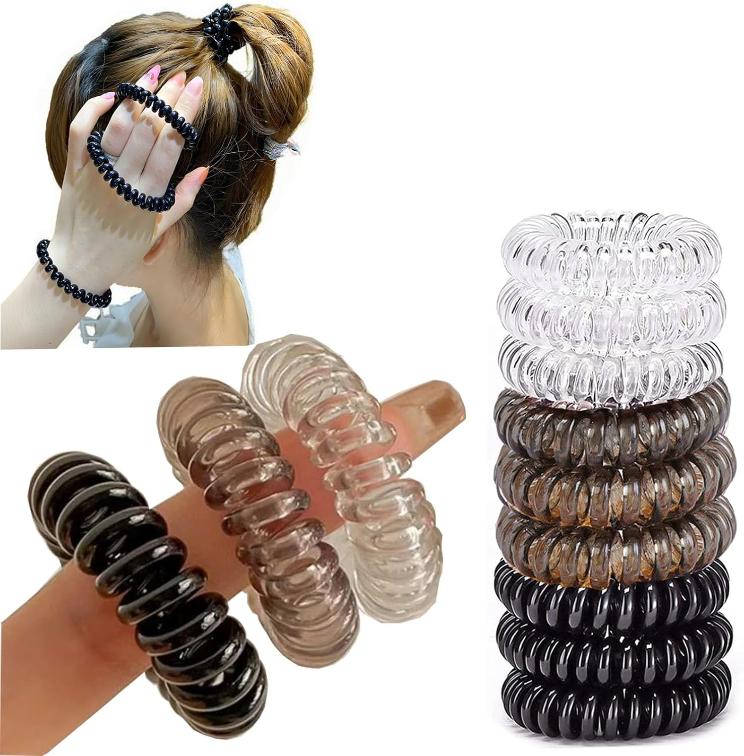 12 Packspiral, Waterproofstylish Phone Cord Hair Ties, Gradient Colours, No-Damage Ponytail Holders,Coil Hair Ties for Thick Hair & Thin Hair image number 4