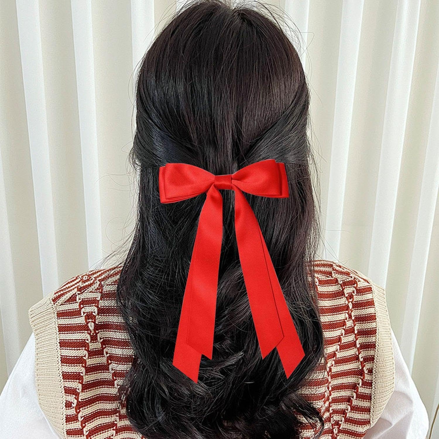 Pack of 4 Bow Hair Pins and 2 Hair Ropes, Satin Double Layer Hair Accessories, Coloured Hair Ropes, Headpiece for Christmas Parties, Ponytail Hairpin Accessories image number 5