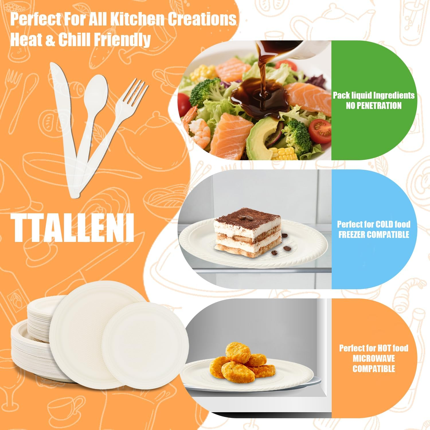 Disposable Plate Sets, 300Pcs Paper Plates Sets for Camping, Dinner Party, Picnic & BBQ, Biodegradable, Eco-Friendly, Compostable, Microwave Safe, Serve for 60 People. image number 2