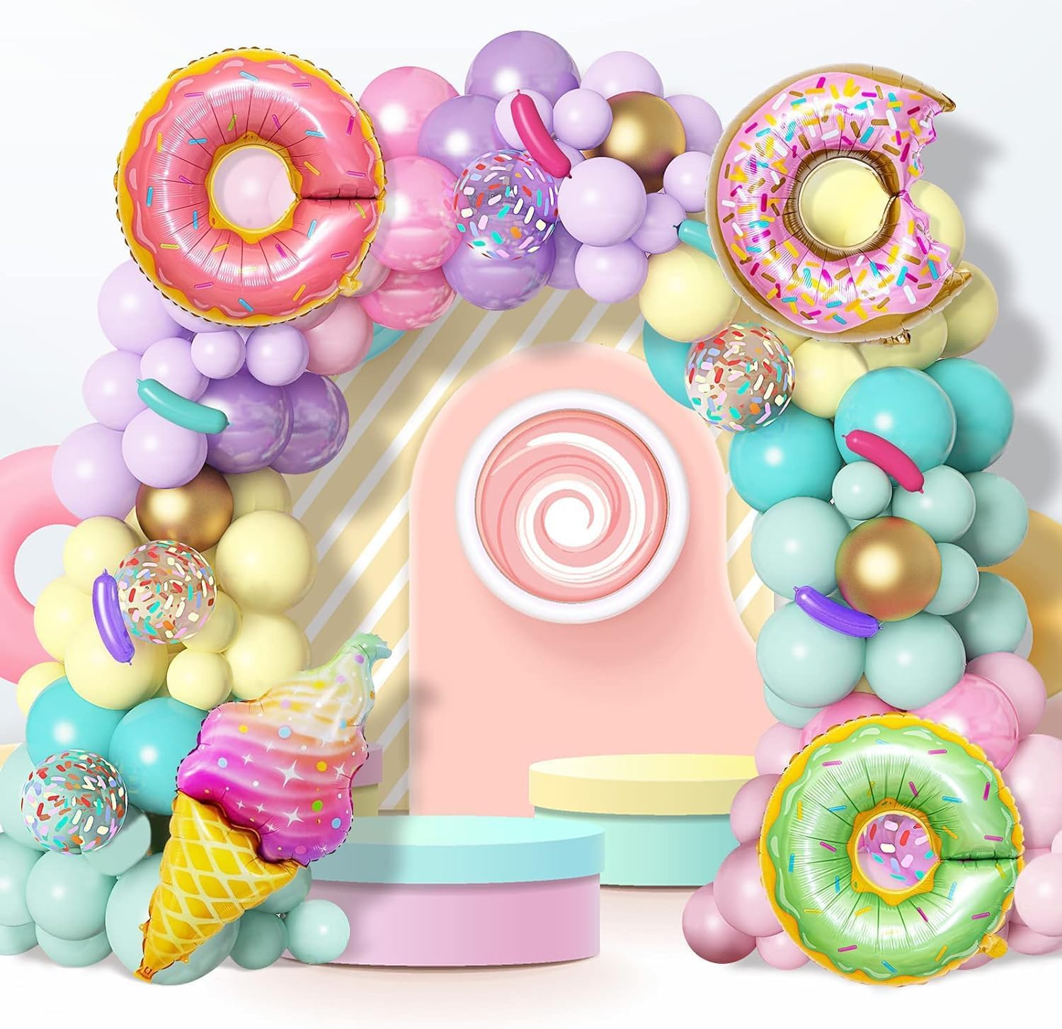 WODJR 139 PCS Donut Balloon Garland Donut Party Decorations Donut Balloons Doughnut Balloon Arch Kit Donut Foil Balloons Pink Yellow Balloons Rainbow Balloons for Ice Cream Donut Party Supplies image number 2