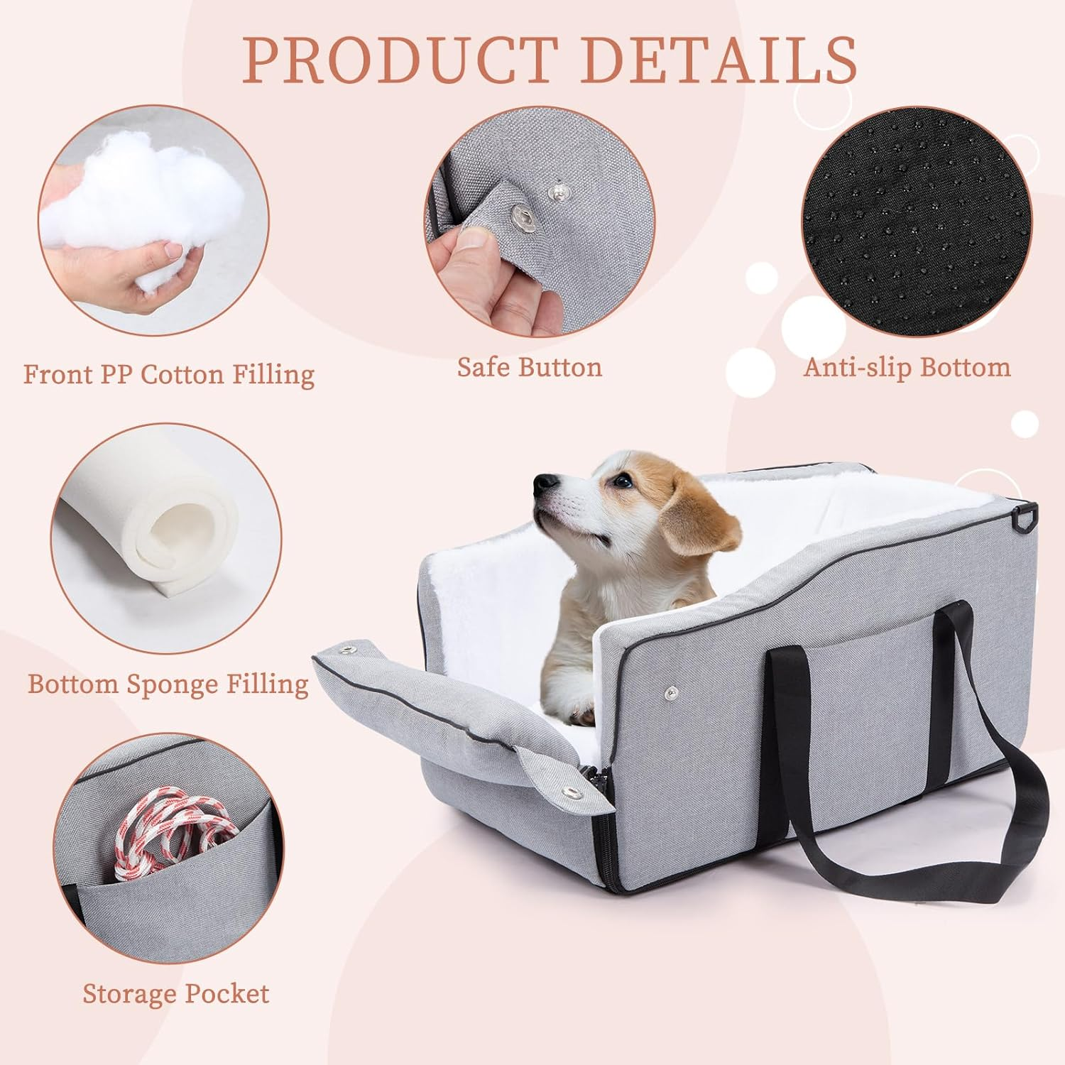 Center Console Dog Car Seat, Dog Car Seat for Small Dogs Cats under 12 Lbs, Dog Booster Car Seat with Safety Tethers, Washable Dog Car Bed, Dog Travel Bag with Fixed Straps, Fits Car, Travel