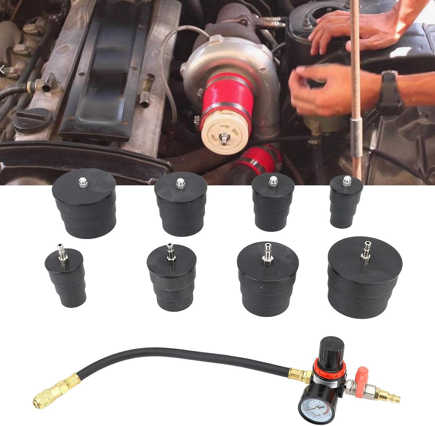 Turbo System Leakage Tester, 9 Pcs Metal Automotive Turbocharger Turbo Boost Leak Tester with 35Mm to 90Mm Adapter, Regulator, Universal Auto Pressure Tester Leak Detector image number 3