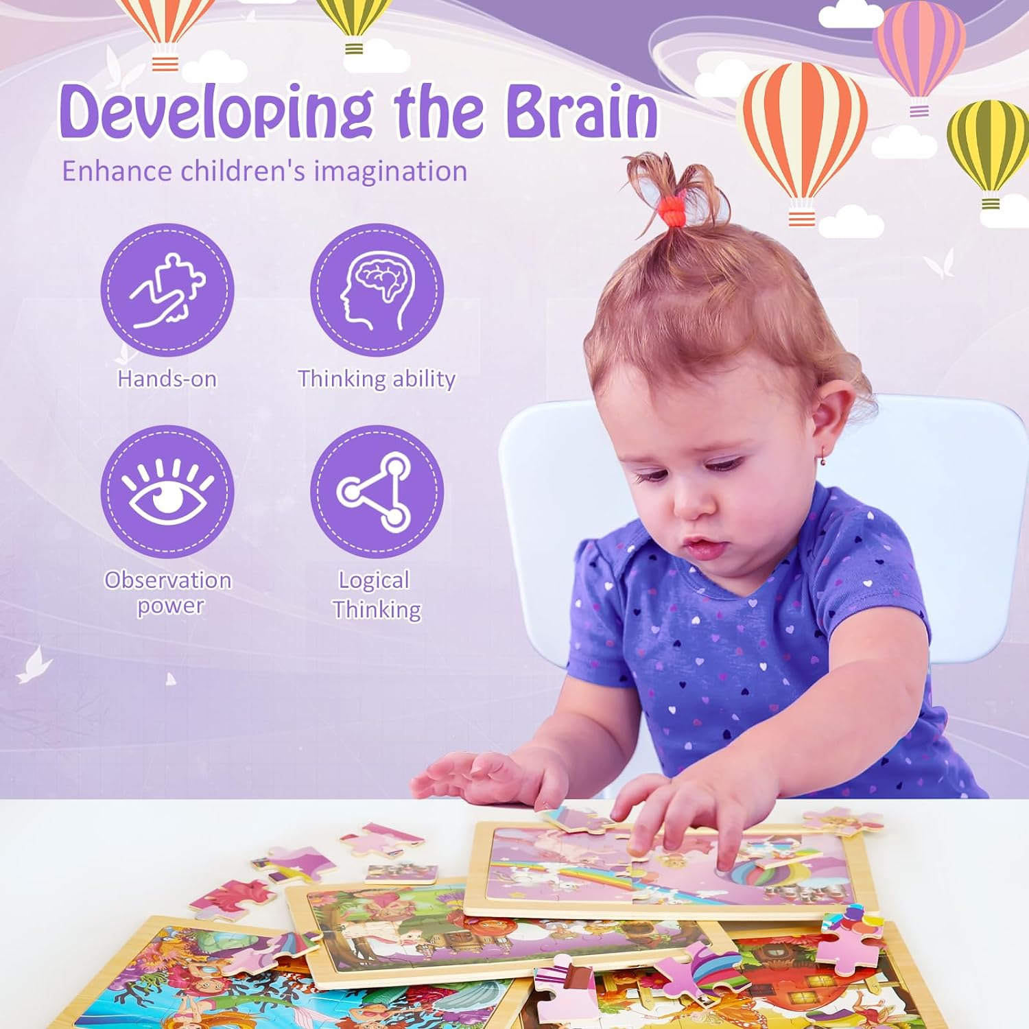 Wooden Puzzles Toys for Kids Ages 3-5, Set of 4 Packs with 20-Piece Unicorn Mermaid Princess Wood Jigsaw Puzzles, Preschool Educational Brain Teaser Toys for Girls 3 4 5 6 Years Old. - Princess image number 1