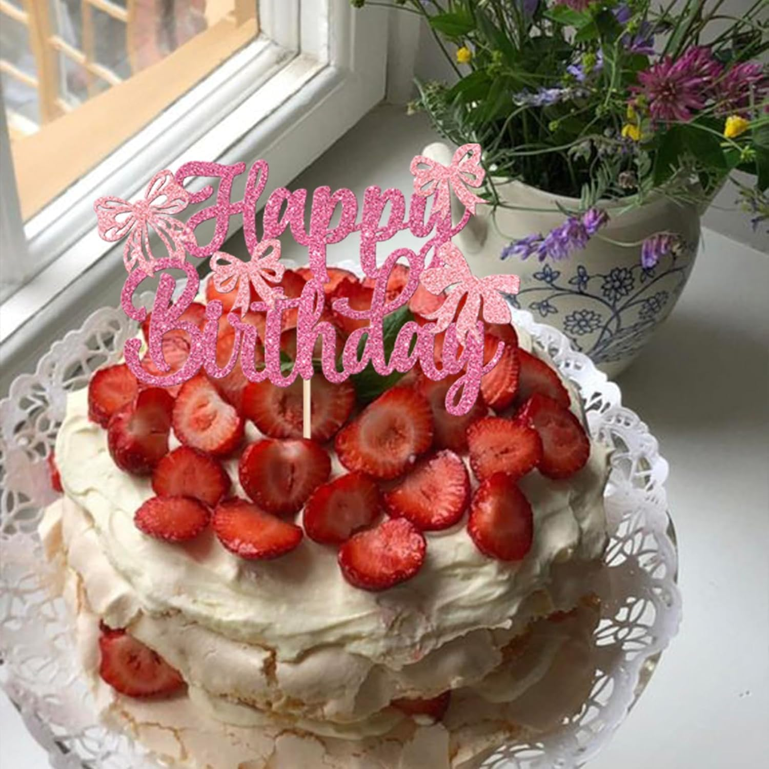 SYKYCTCY 1 Pack Bow Happy Birthday Cake Topper Glitter Coquette Cake Pick Decorations for Girls Women Birthday Theme Baby Shower Party Supplies (Pink)