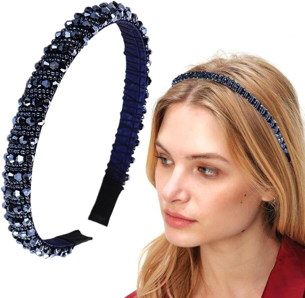 YUZNA Women'S Dirndl Headband Dark Blue Glitter Costume Hair Accessories Beads Headband for Oktoberfest Elegant image number 1
