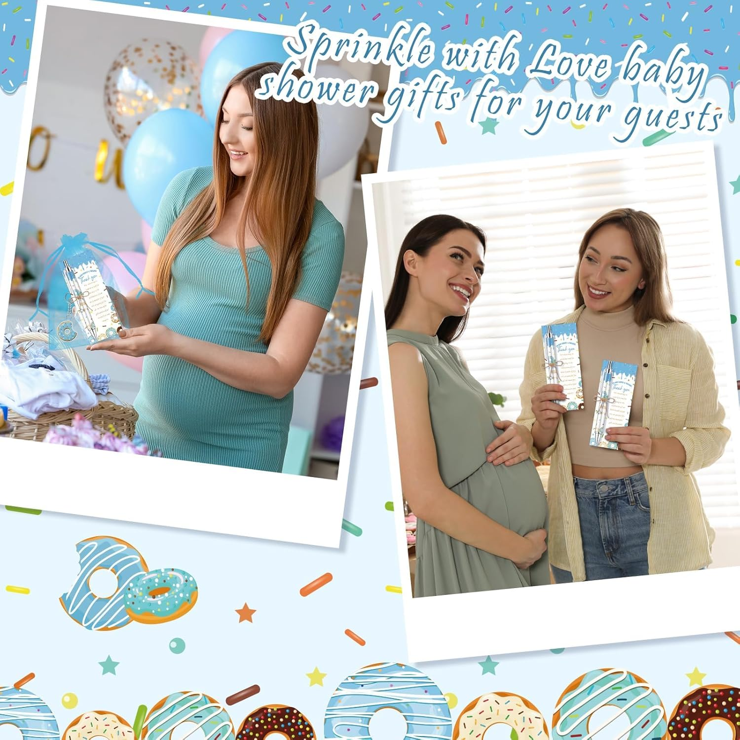 145 Pieces Donut Baby Shower Favors for Guest Sprinkled with Love Ballpoint Pens and Keychains Gifts for Boys Bulk Retractable Baby Shower Pens Gender Reveal Thank You Cards Souvenirs Prizes image number 1