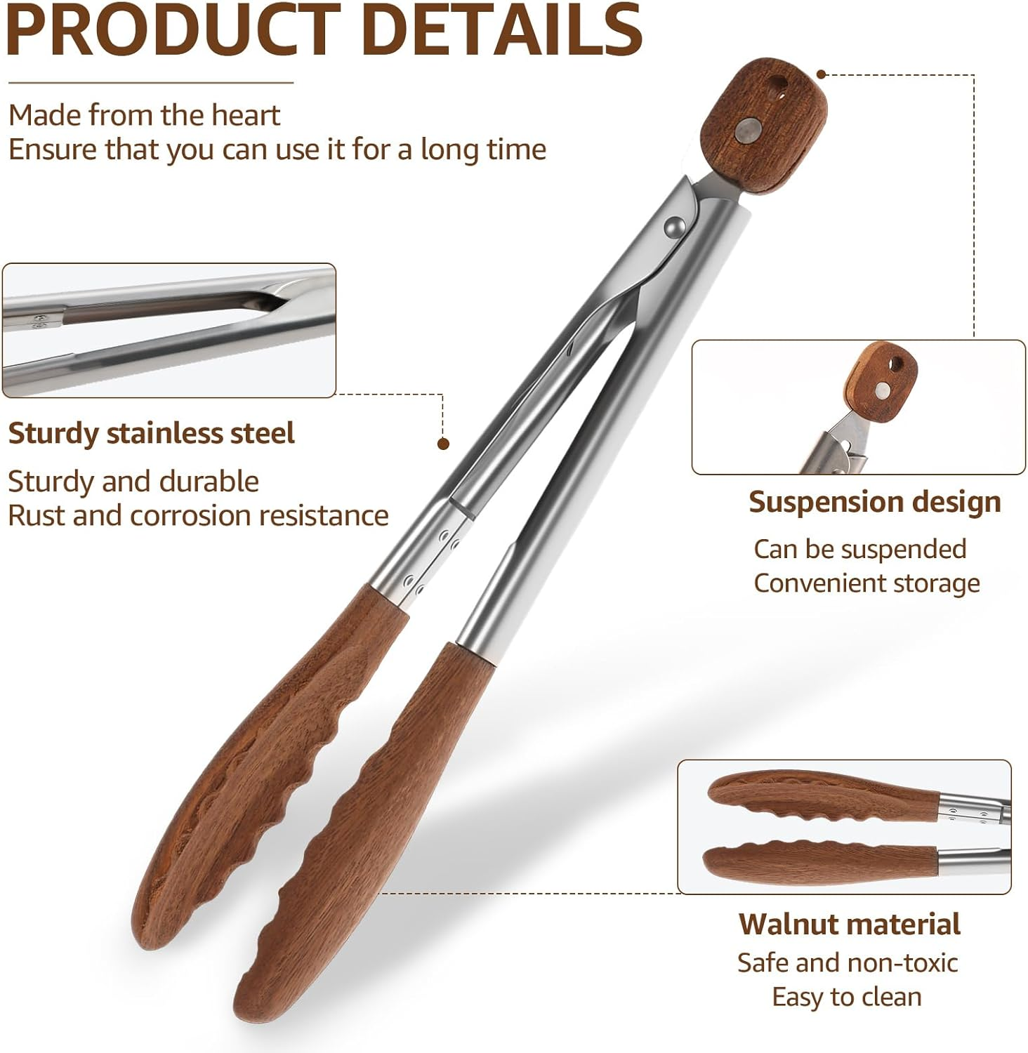 Wooden Tongs for Cooking, 15 & 11.5 & 9 Inch Kitchen Salad Utensils Tongs with Hanging Hole and Pull Lock, Heat Resistant Ergonomic BBQ Food Tong for Restaurant Home Kitchen image number 4