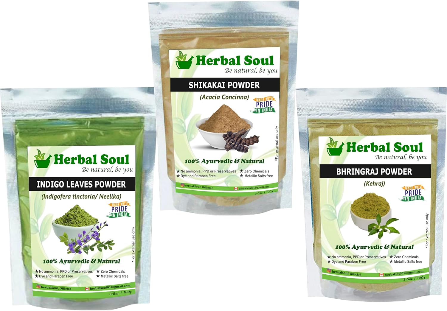 Herbal Soul Combo of Shikakai Powder + Indigo Powder + Bhringraj Powder | 300 Gm image number 1