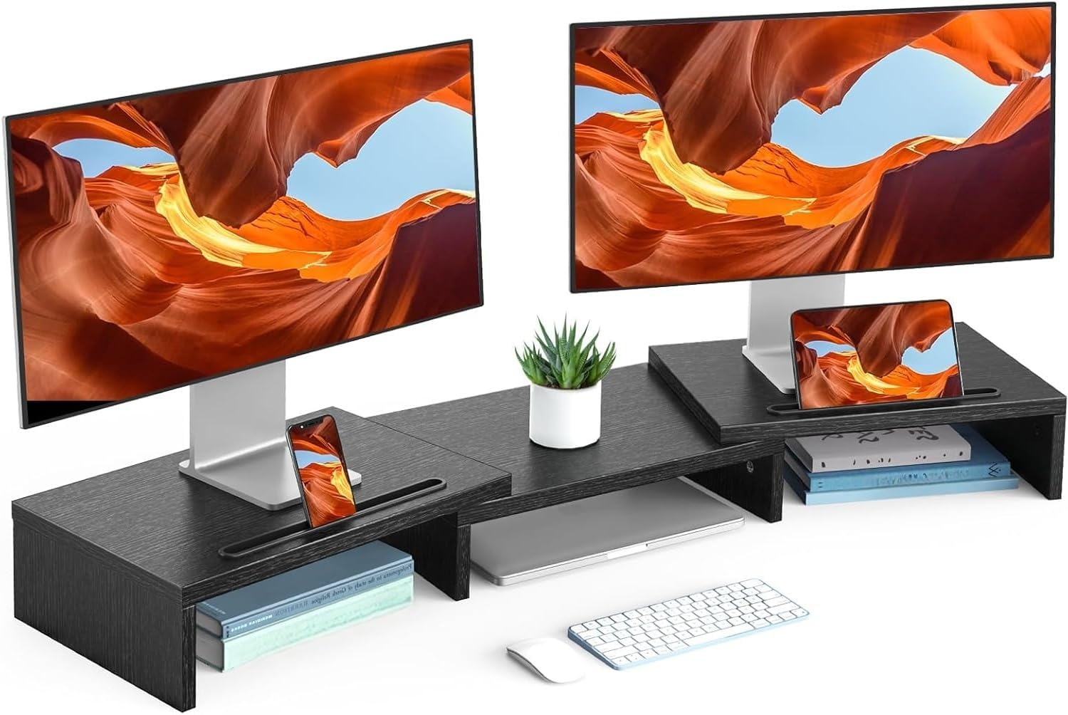 Dual Monitor Stand Riser with 3 Shelves, Adjustable Length and Angle, Ideal for PC, Computer, Laptop image number 2