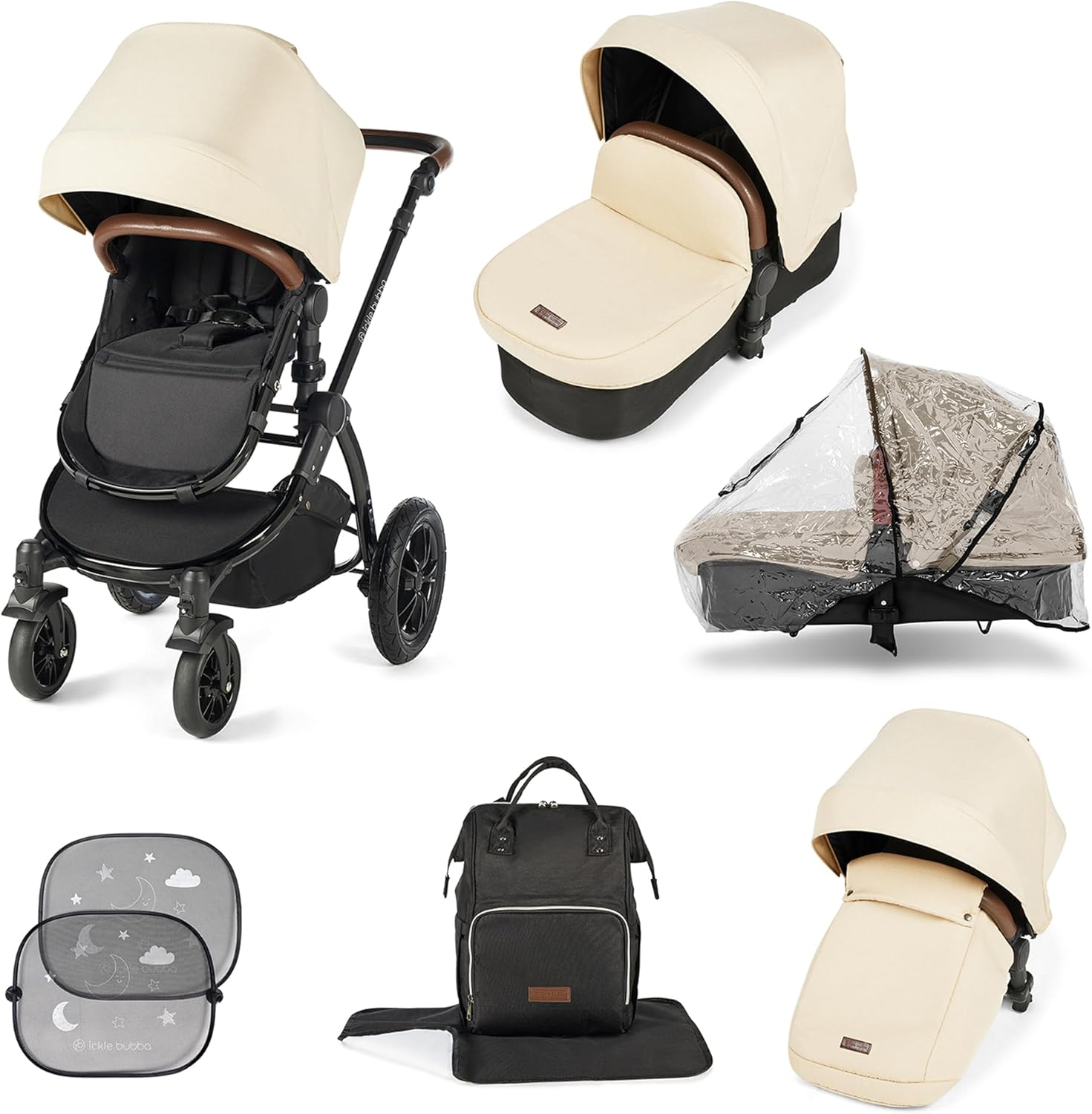 Ickle Bubba Stomp All-In-One 4-Wheel Pram Bundle with Carrycot, Pushchair and Accessories (Black/Sand/Tan) Comfortable, Stylish and Travel Ready image number 1