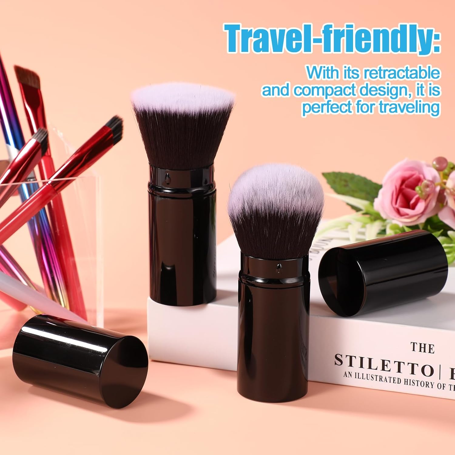 2Pcs Travel Face Blush Brush, Retractable Makeup Brush Portable Powder Foundation Sunscreen Brush Black and White Hair (Flat Head + round Head)