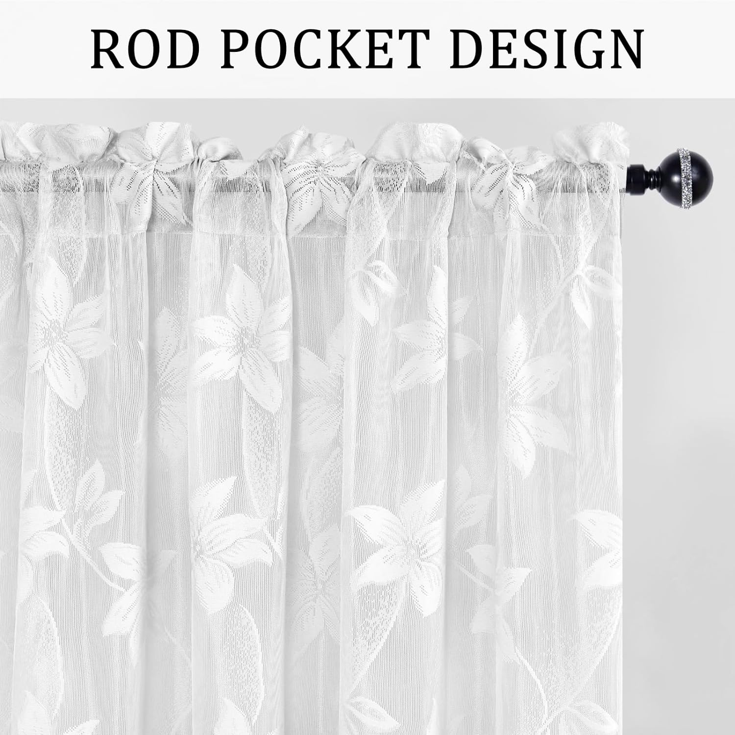 DWCN Sheer Curtains White Floral Lace Curtains Rod Pocket Window Curtains Drapes for Bedroom, Each W132 X D213 Cm, Set of 2 Panels image number 5