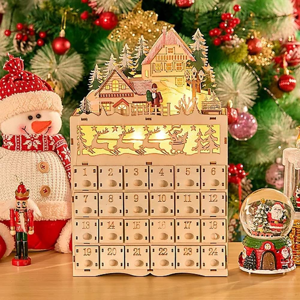 24-Day Christmas Countdown Calendar Decoration,Led Holiday Decoration,Wooden Christmas Advent Calendar,Wooden Calendar Decoration with 24 Storage Drawers for Home Christmas Party image number 2