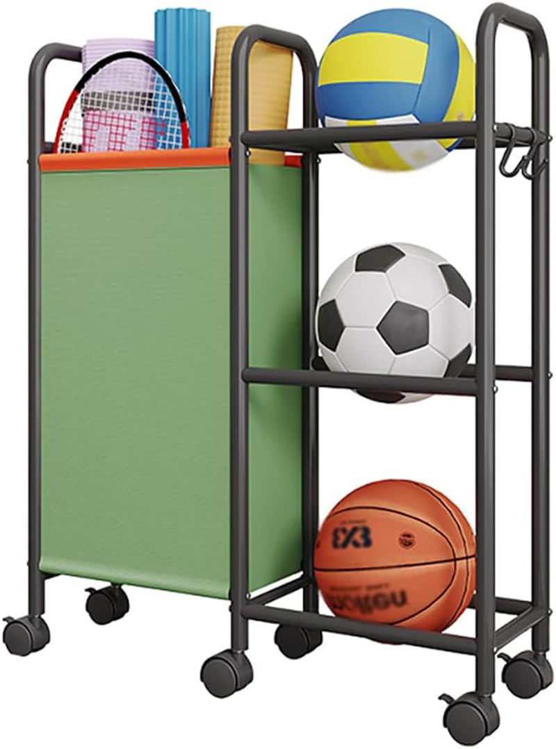 3-Tier Ball Storage Rack, Rolling Multi-Purpose Organizer Shelf, Heavy-Duty Rolling Cart, Space-Saving Durable for Basketball Volleyball Football Rugby Badminton image number 2