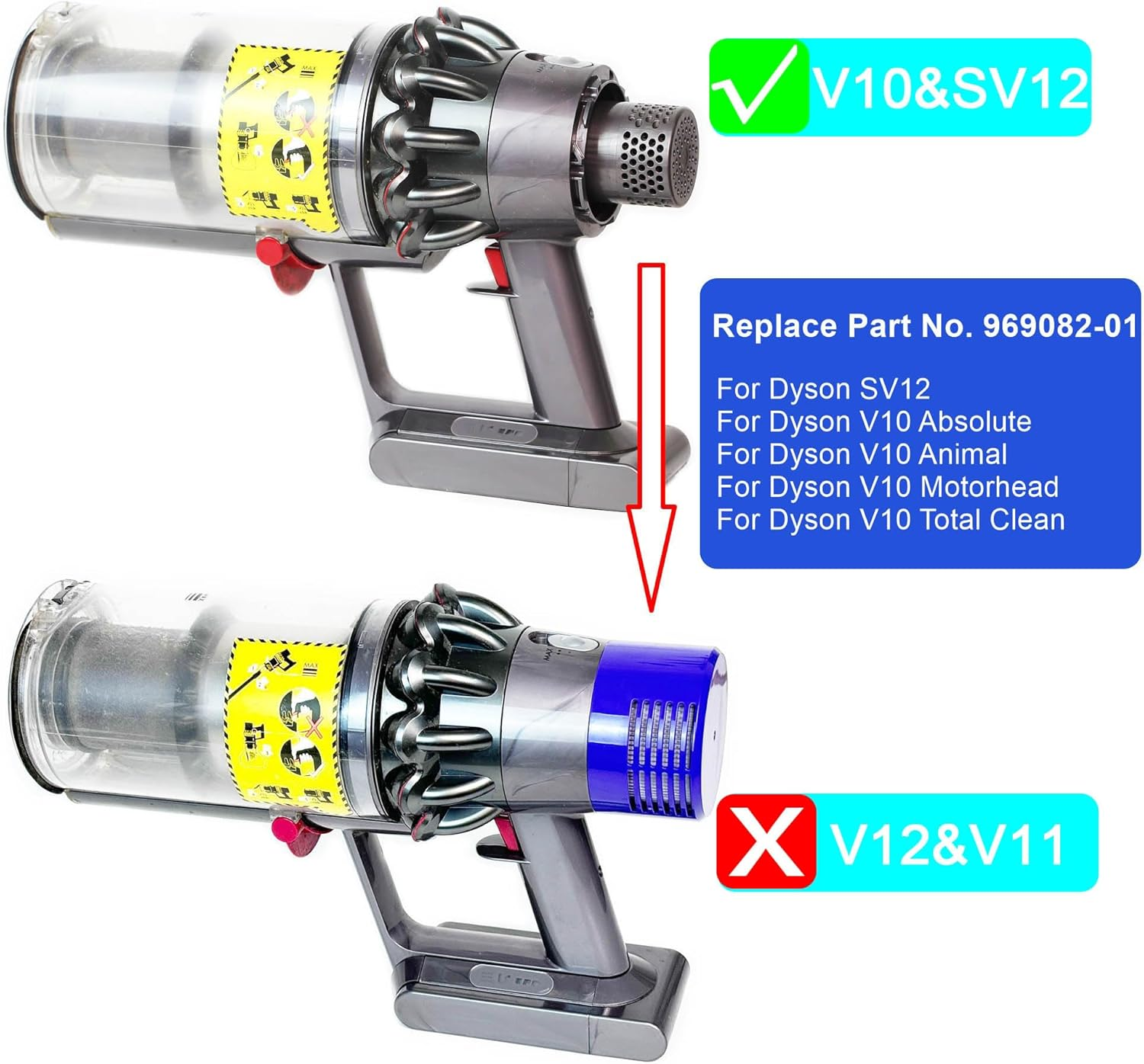 2 Pack V10 Filter Replacement, Compatible with Dyson V10 Cordless Vacuum Cleaner, V10 Cyclone Series, V10 Animal, V10 Absolute, V10 Total Clean, SV12, Washable & Reusable, Part No. 969082-01