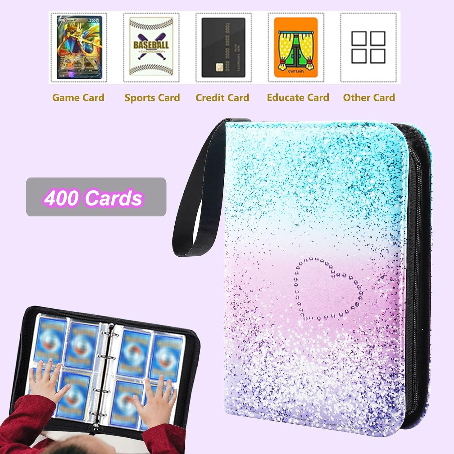 Momerch 400 Pockets Trading Card Binder, Coloful PU Cover Zip Binder Card Album Folder with 50 Detachable Sleeves Album Folder for Standard Size Cards Sports Cards Gaming Cards Baseball Cards