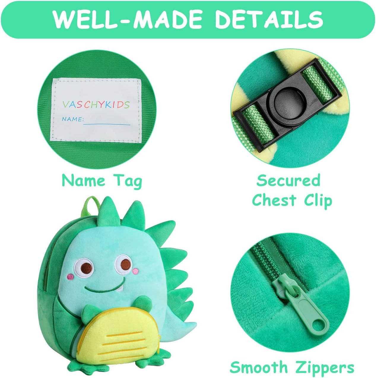 Toddler Backpack,Vaschy Girls and Boys Cute Plush Animal Small Daycare Backpack for Little Kids - Smiling Dinosaur image number 1