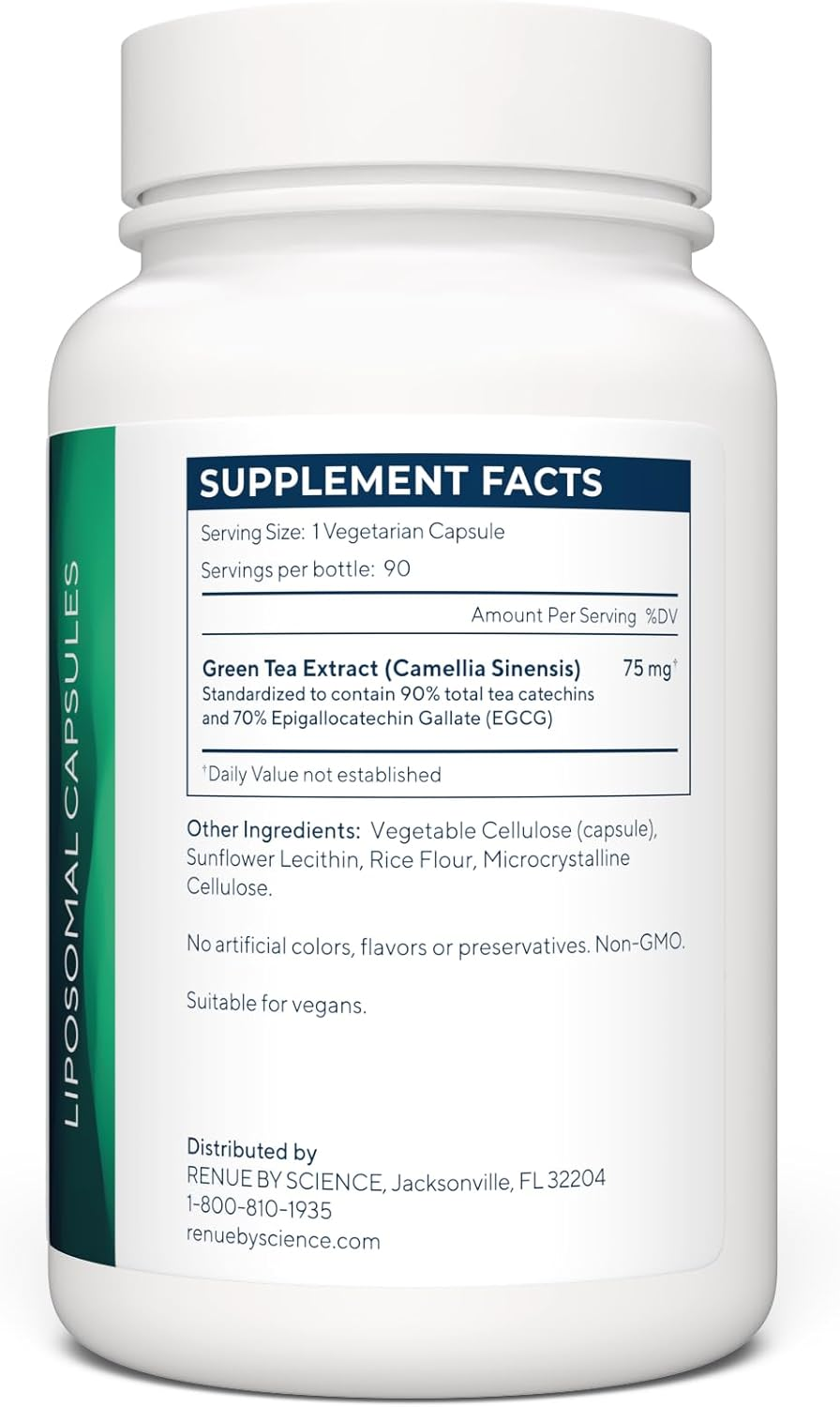 RENUE Liposomal Green Tea Extract Supplement 75 Mg - 70% EGCG &ndash; Bioavailable Formula for Increased Absorption &ndash; 90 Capsules image number 1