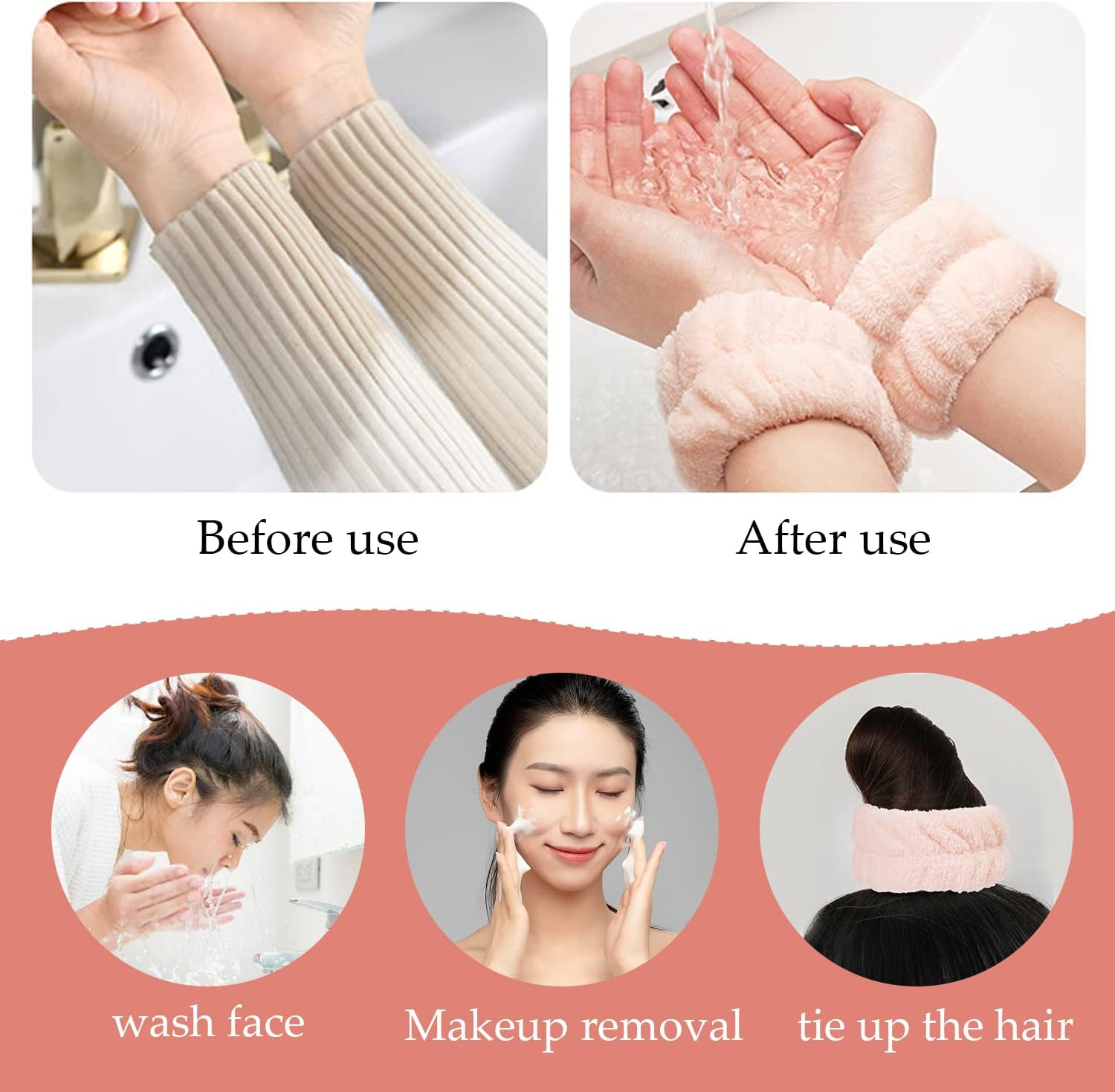 Spa Headband Wrist Washband Face Wash Set, Wristbands Hair Headband, Include 1 Microfiber Headband,2 Wrist Washband, for Women Girls,Avoid Liquid from Spilling down Your Arms (Black) image number 3