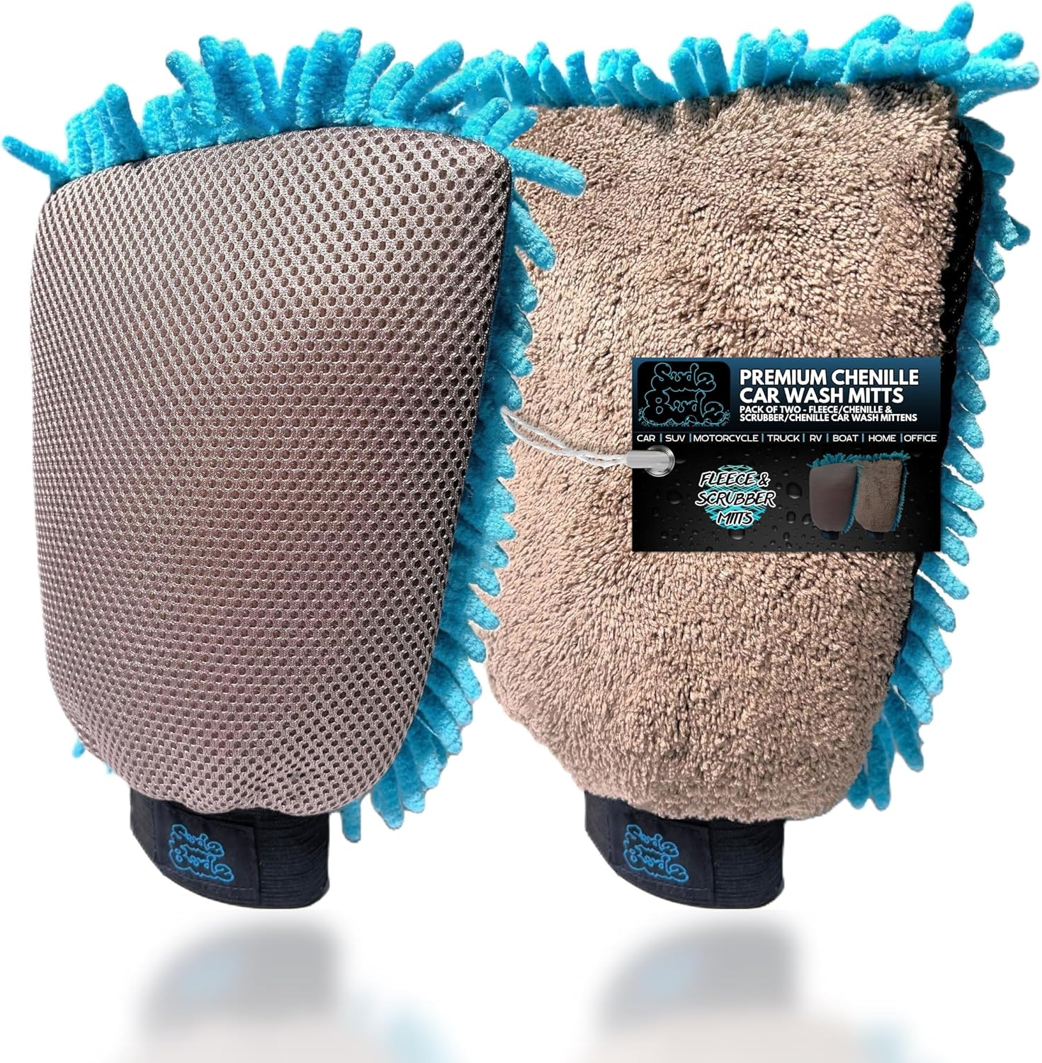 Premium Microfibre Chenille Car Washing Mitt 2 Pack | 2-In-1 Double-Sided Scrubber and Fleece Mitts. Soft, Durable, No Scratch, Lint-Free Washing and Detailing for Exterior Car Care image number 2