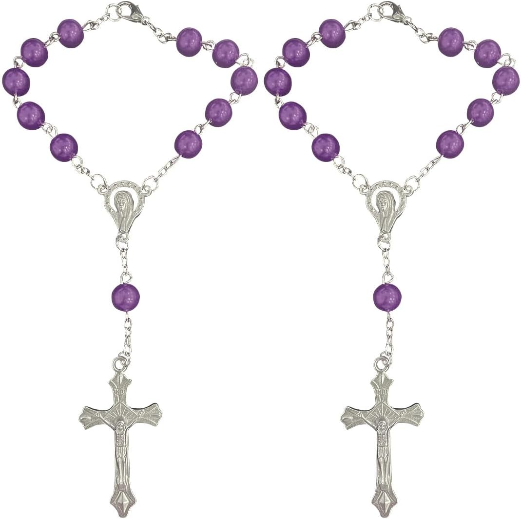 2PCS Rosary for Rearview Mirror, Purple Pendant Interior Charm Auto Decors, Medal and Cross Personalized Hanging Accessories for Women Men (Purple)