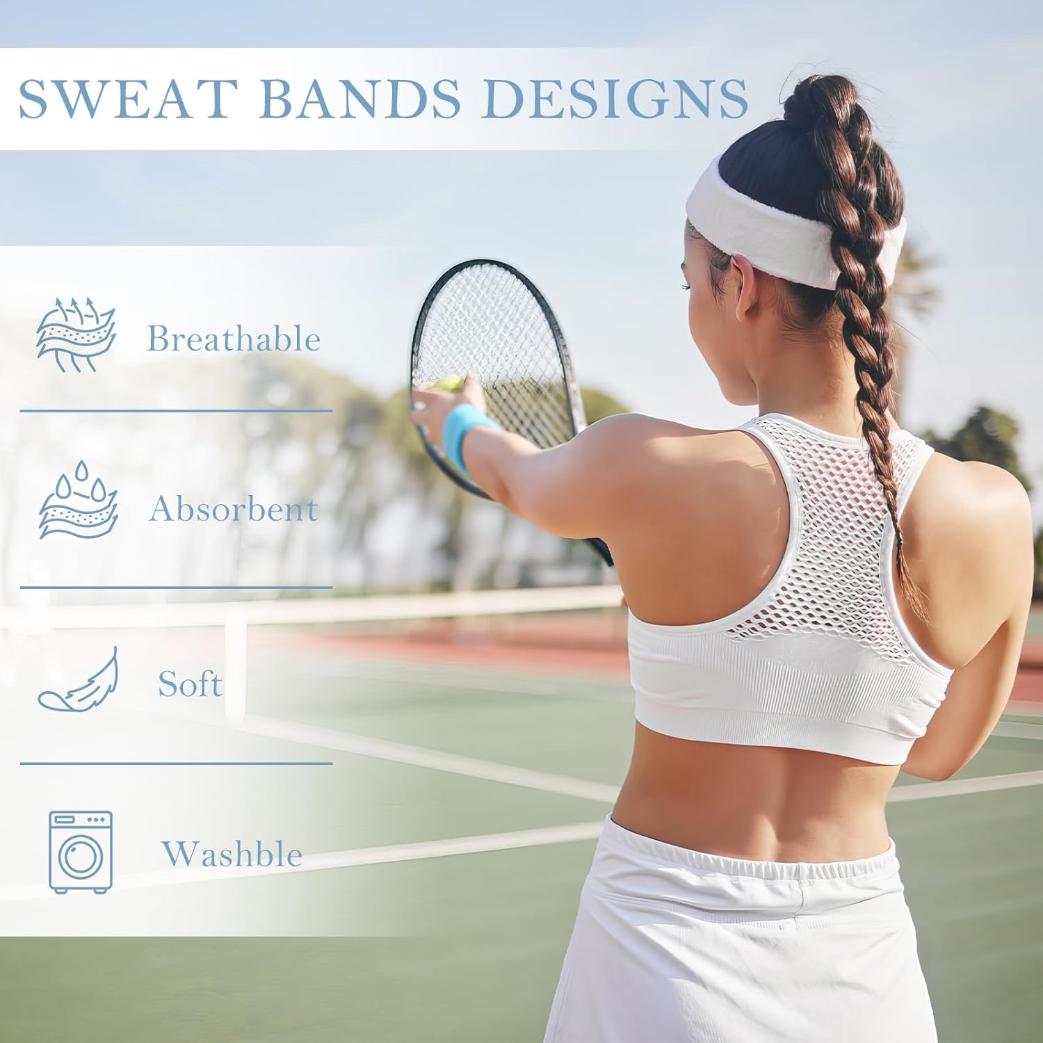 4 Pack Headbands for Men, Sweat Bands Headbands Men & Women, Cotton Terry Sweat Bands for Tennis, Basketball, Running, Gym, Working Out - Black/Gray/Green/White image number 2