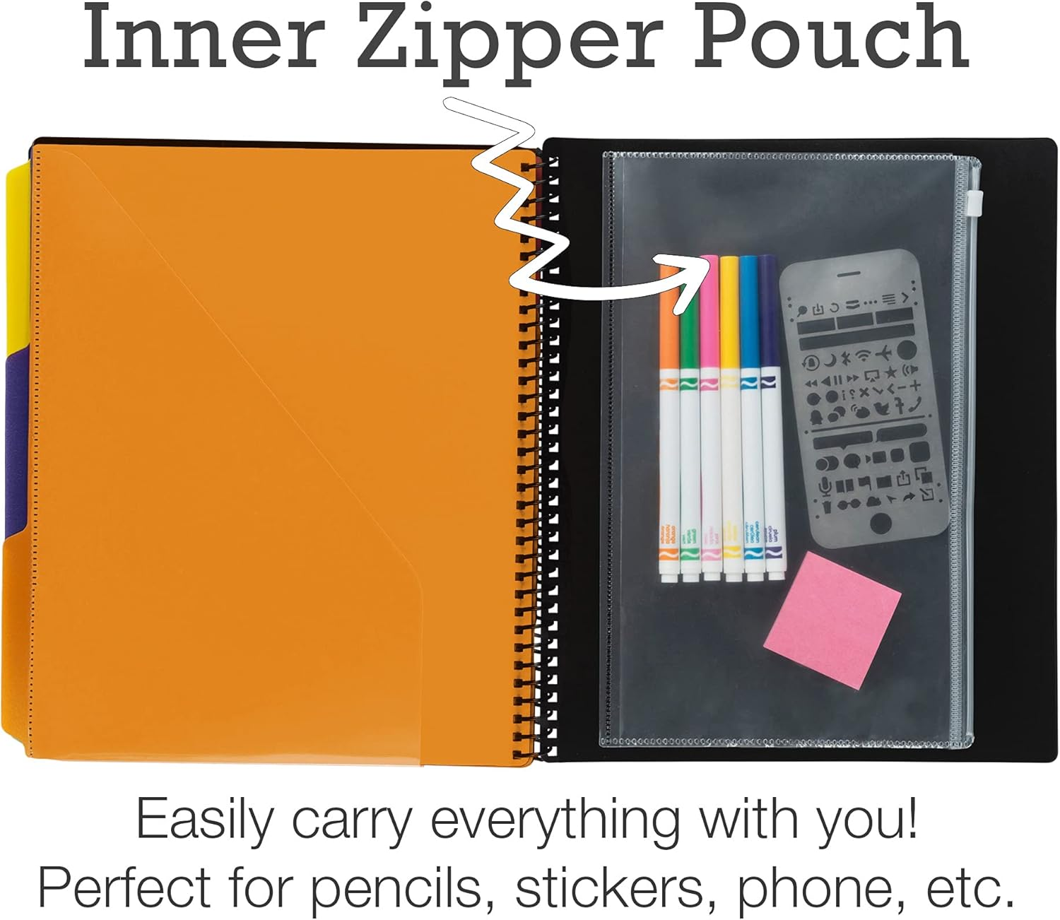 Samsill Deluxe 24 Pocket Spiral Project Organizer with Inner Zipper Pouch, Customizable Front Cover, 12 Dividers with Erasable Write-On Tabs in Fashion Colors, Plastic Folders with Pockets image number 3