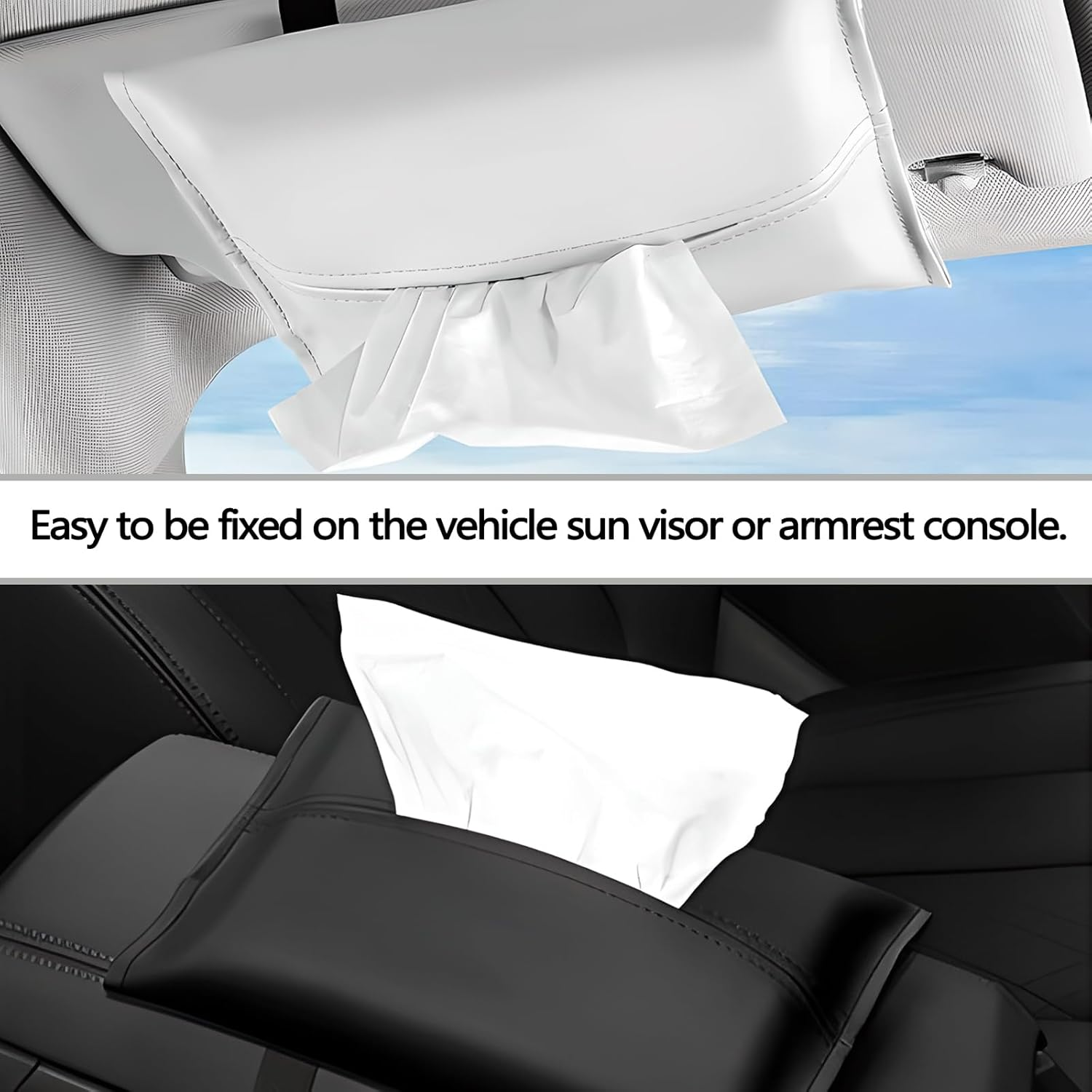 2Pcs Car Tissue Holder, Soft PU Leather Sun Visor Tissue Holder, Napkin Dispenser for Car (Black+White)
