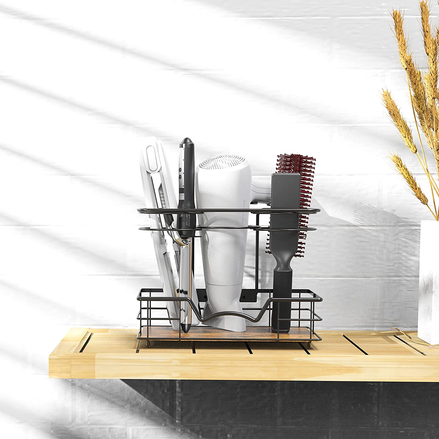 Simple Houseware Countertop Hair Dryer Holder Hair Tools Organiser, Rustic Brown image number 2